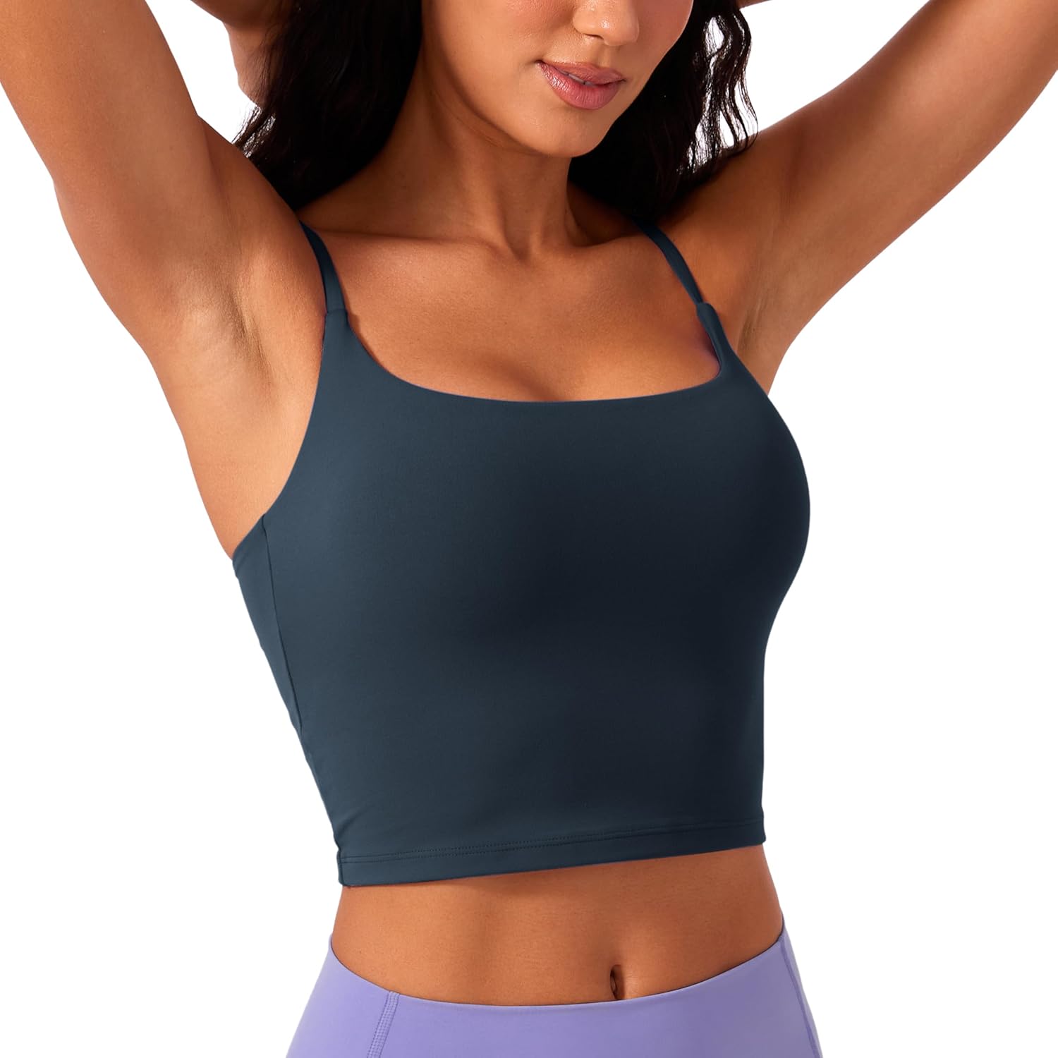 Detalle de CRZ YOGA Butterlift Women's Scoop Neck Longline Sports Bra — Built-in, Removable Pads, U Back