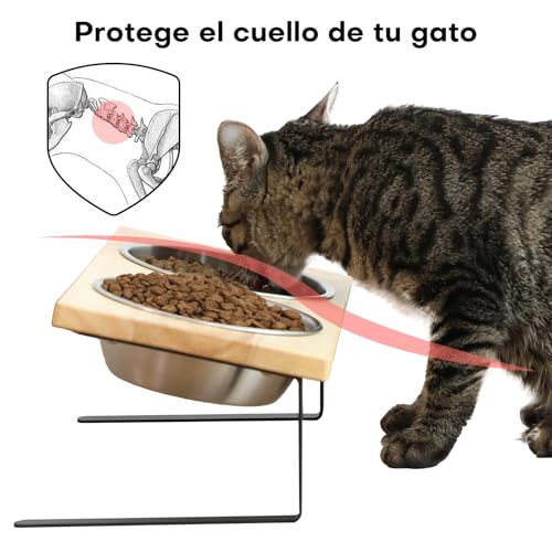 Detalle de FUKUMARU Comedero Elevado para Gatos y Cachorros – Cuenco Ajustable en Acero Inoxidable con Soporte de Madera