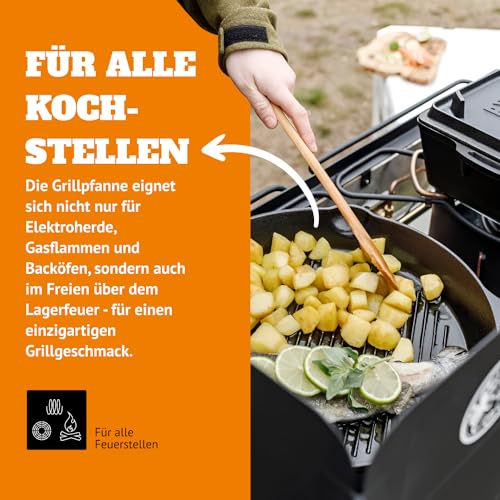 Detalle 2 de Petromax Grill-Feuerpfanne mit 2 Henkeln – Gusseisenpfanne für Herd, Backofen, Gasflamme und Outdoor