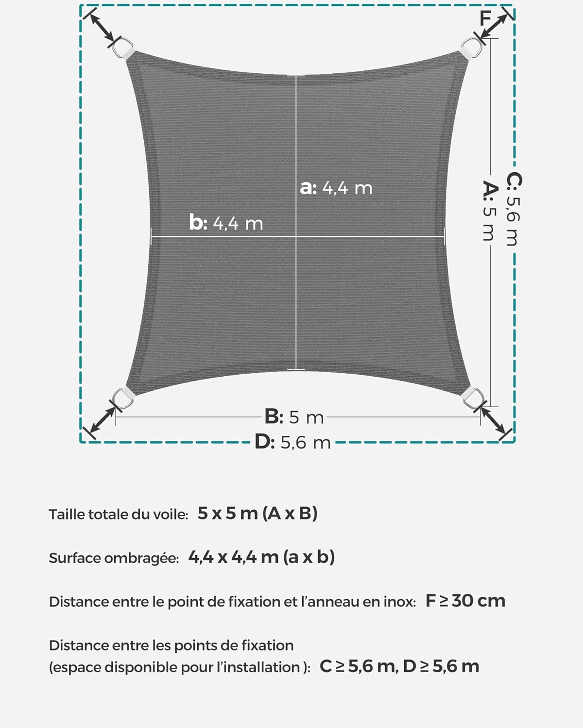 Thumbnail 4 de SONGMICS voile d’ombrage 5 x 5 m en HDPE respirant GSS55GY (gris anthracite)