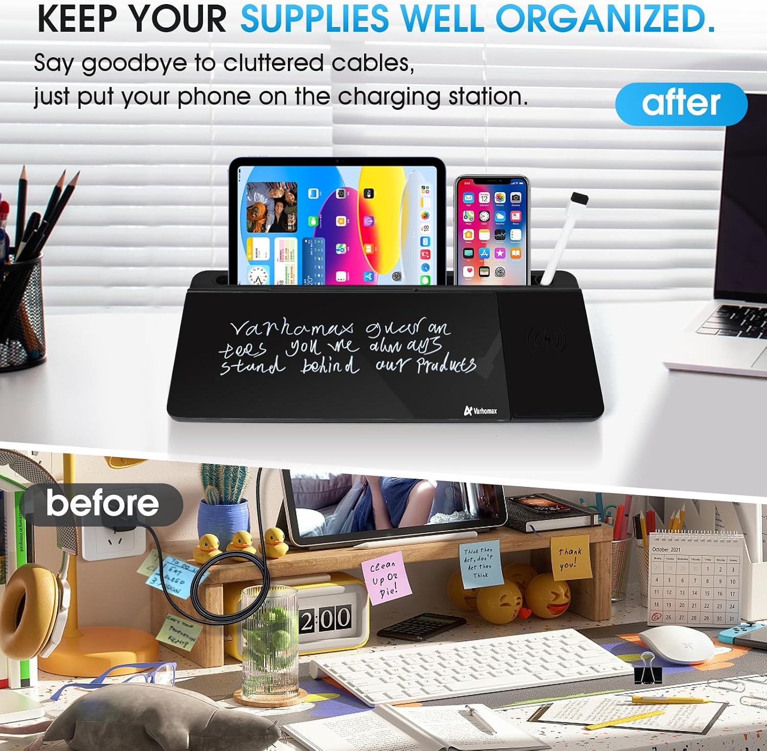 Detalle de Varhomax VDS-WB-24 Glass Desk Whiteboard with Wireless Charging and Storage