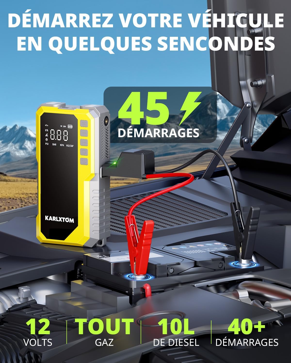 Thumbnail 1 de Karlxtom Booster Batterie Voiture 12V avec gonfleur 190 PSI, écran LCD et lampe LED 500 lm