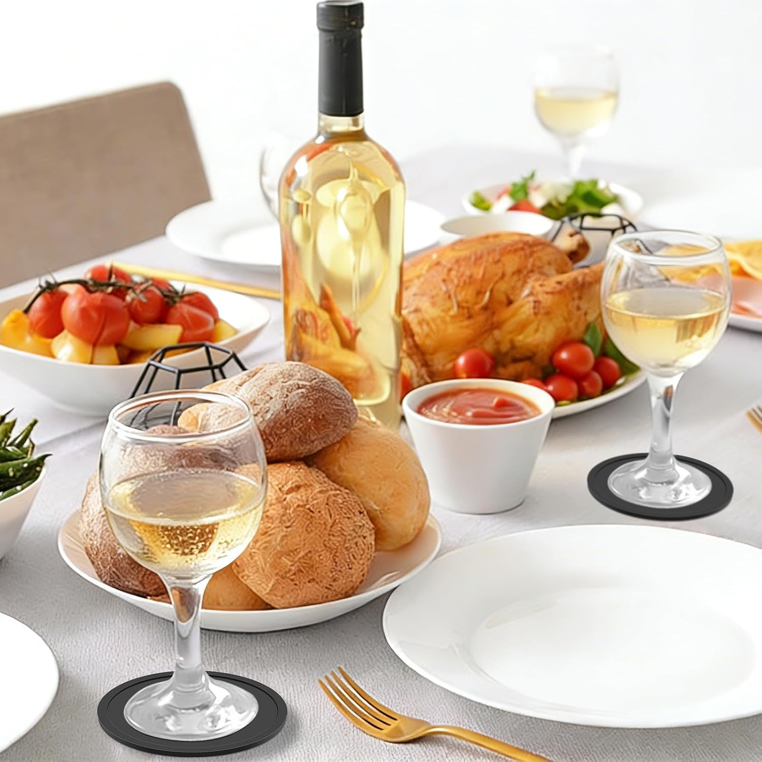 Thumbnail 5 de Pesutei 12er Set Glas-Untersetzer aus Silikon (10 cm) mit Edelstahlständer – schwarz, rutschfest und isolierend