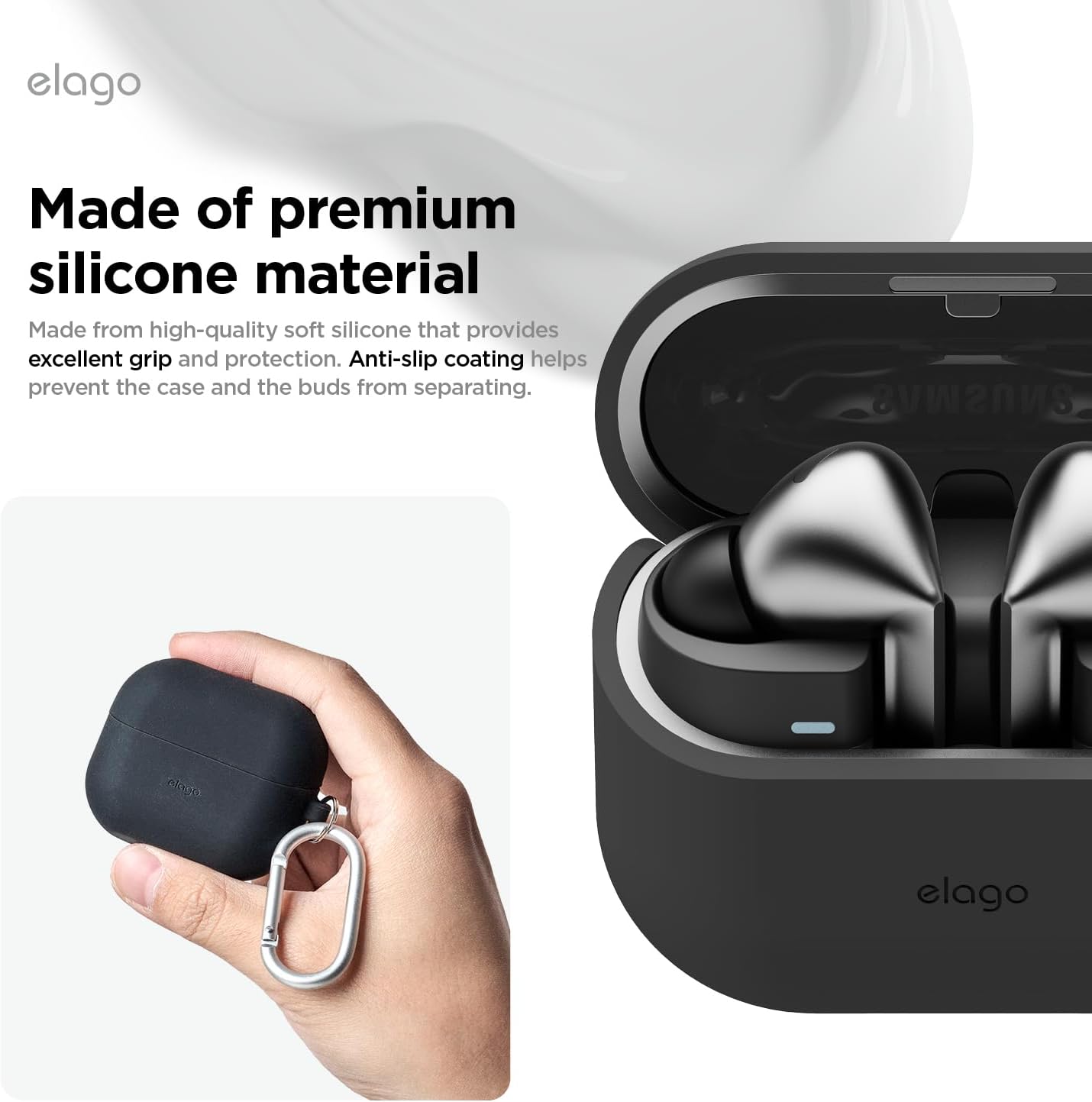 Thumbnail 3 de elago Coque en silicone pour Samsung Galaxy Buds 3 / 3 Pro / 3 FE (noir) avec mousqueton