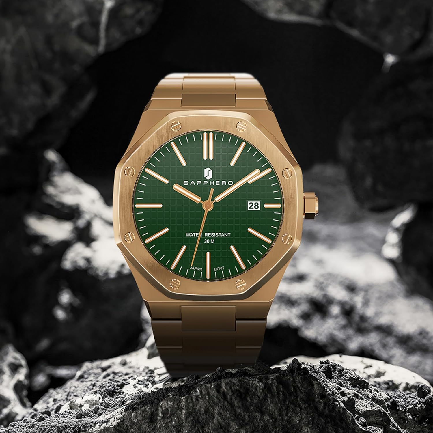 Thumbnail 2 de SAPPHERO Orologio Uomo Impermeabile 50M in Acciaio Inox, Quadrante Ottagonale 42 mm, Data Calendario Nero-Blu