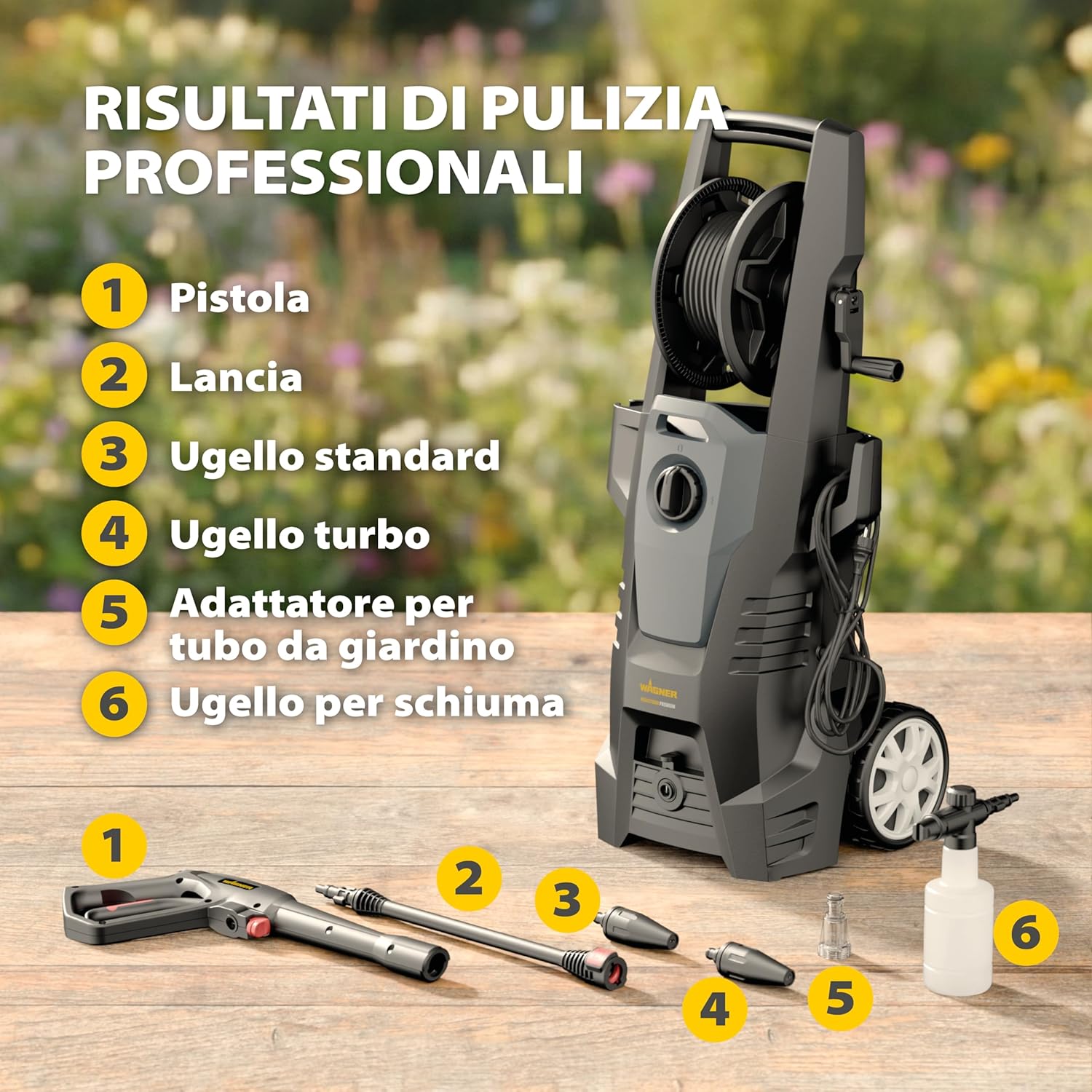 Thumbnail 1 de WAGNER AQUASTORM PREMIUM idropulitrice ad alte prestazioni con tubo da 7 m e accessori (ugello turbo e schiumogeno)