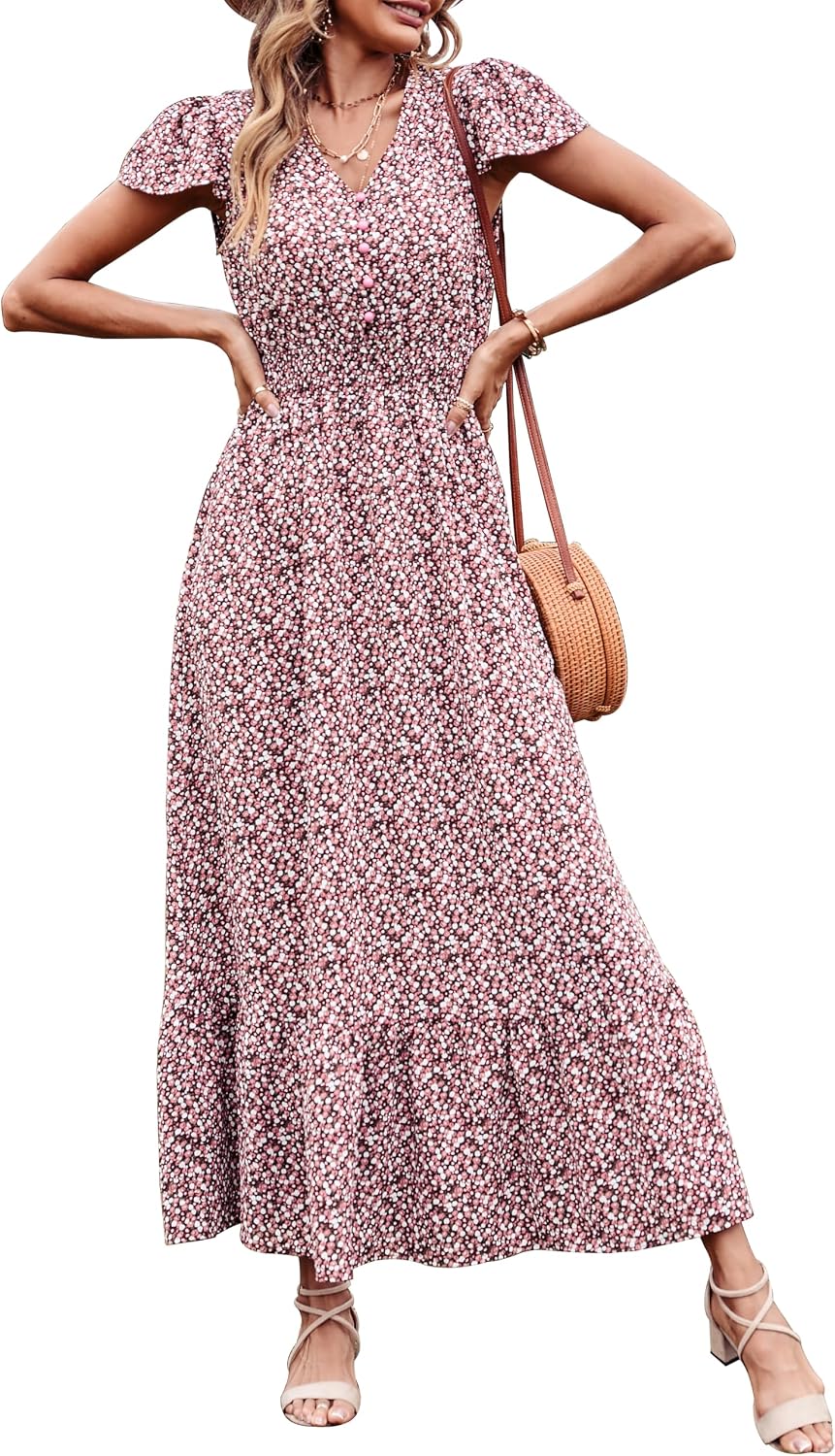Detalle de PRETTYGARDEN 2026 Summer Maxi Dress — Boho Swiss Dot V-Neck with Ruffles
