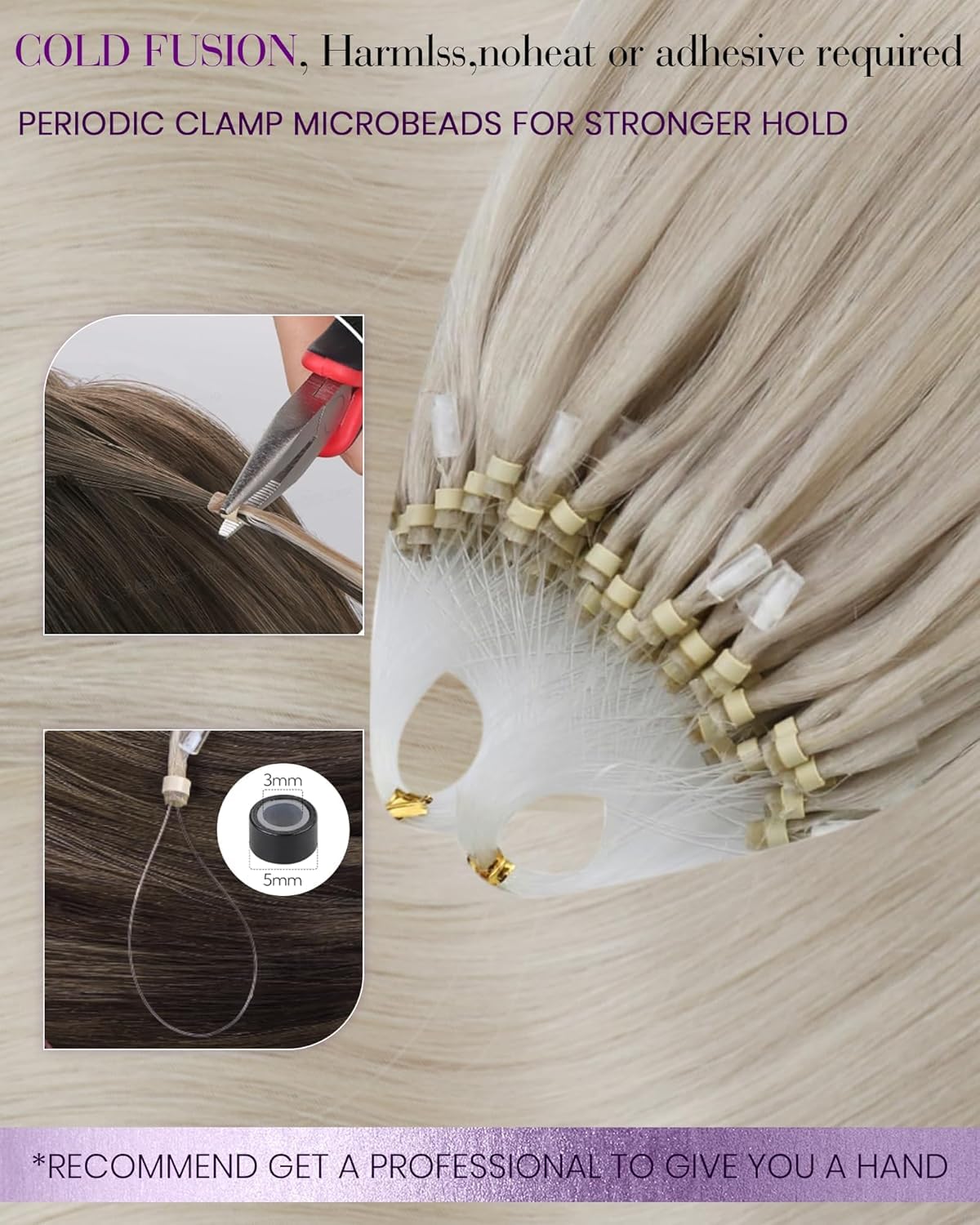 Thumbnail 2 de LaaVoo Micro Beads Hair Extensions in Platinum Blonde (50g) – 14 to 24 Inch, 50 Strands, Real Human Hair