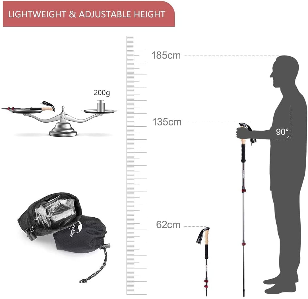 Detalle de Naturehike Bâtons de randonnée en fibre de carbone télescopiques (62–135 cm) – poignée liège et EVA
