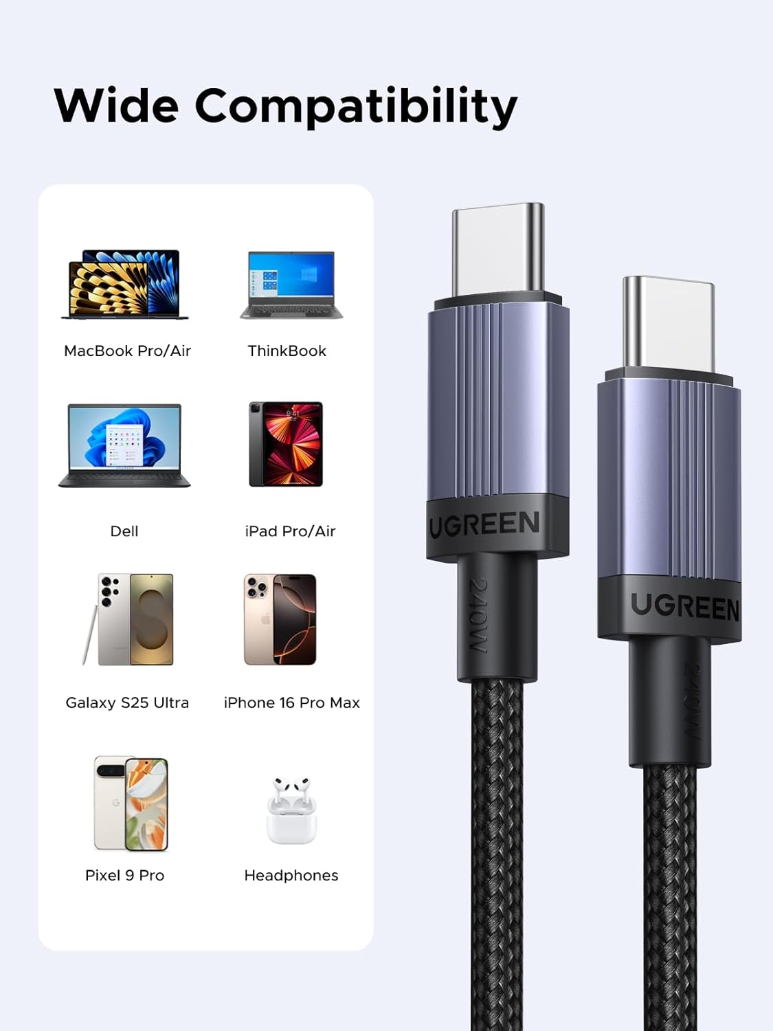 Thumbnail 5 de UGREEN 2-Pack 240W USB-C to USB-C Fast Charging Cables (240W PD 3.1) — 6.6 ft, 480Mbps data
