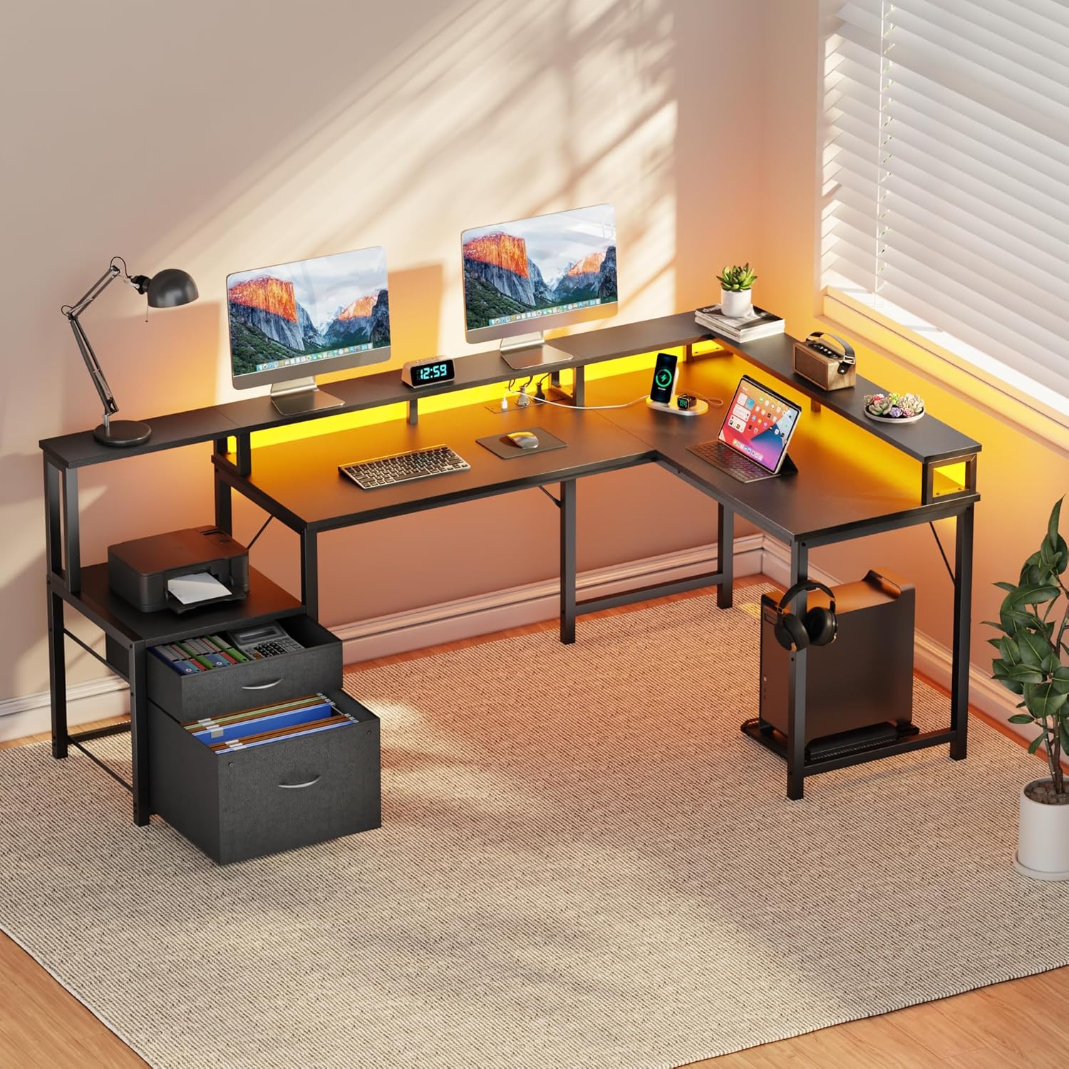 Detalle de YOUDENOVA Scrivania angolare con cassetti – scrivania a forma di L 168 x 100 cm con LED, prese e USB