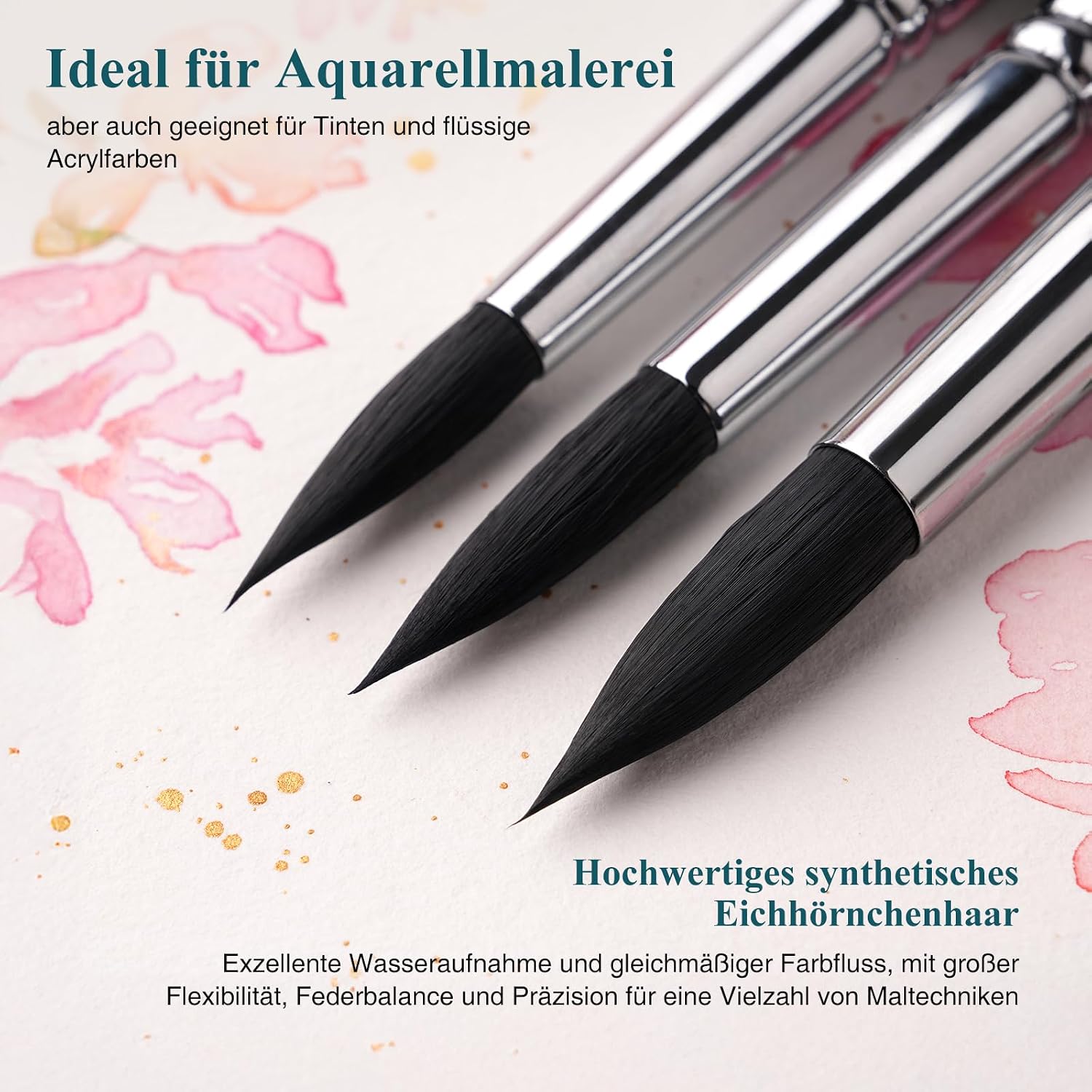 Detalle de Aquarellpinsel-Set (9-teilig) mit synthetischem Eichhörnchenhaar – Rundpinsel für Aquarell & Tempera