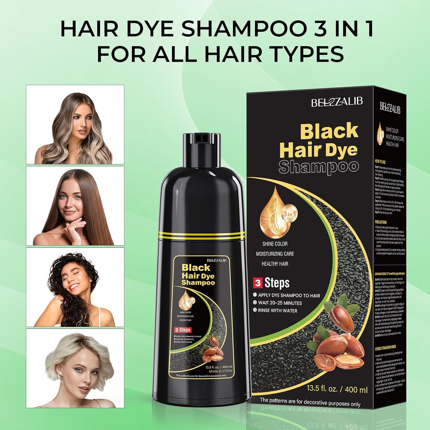 Detalle de BELEZALIB Black Hair Dye Shampoo, 3-in-1 Gray Coverage, 13.5 oz
