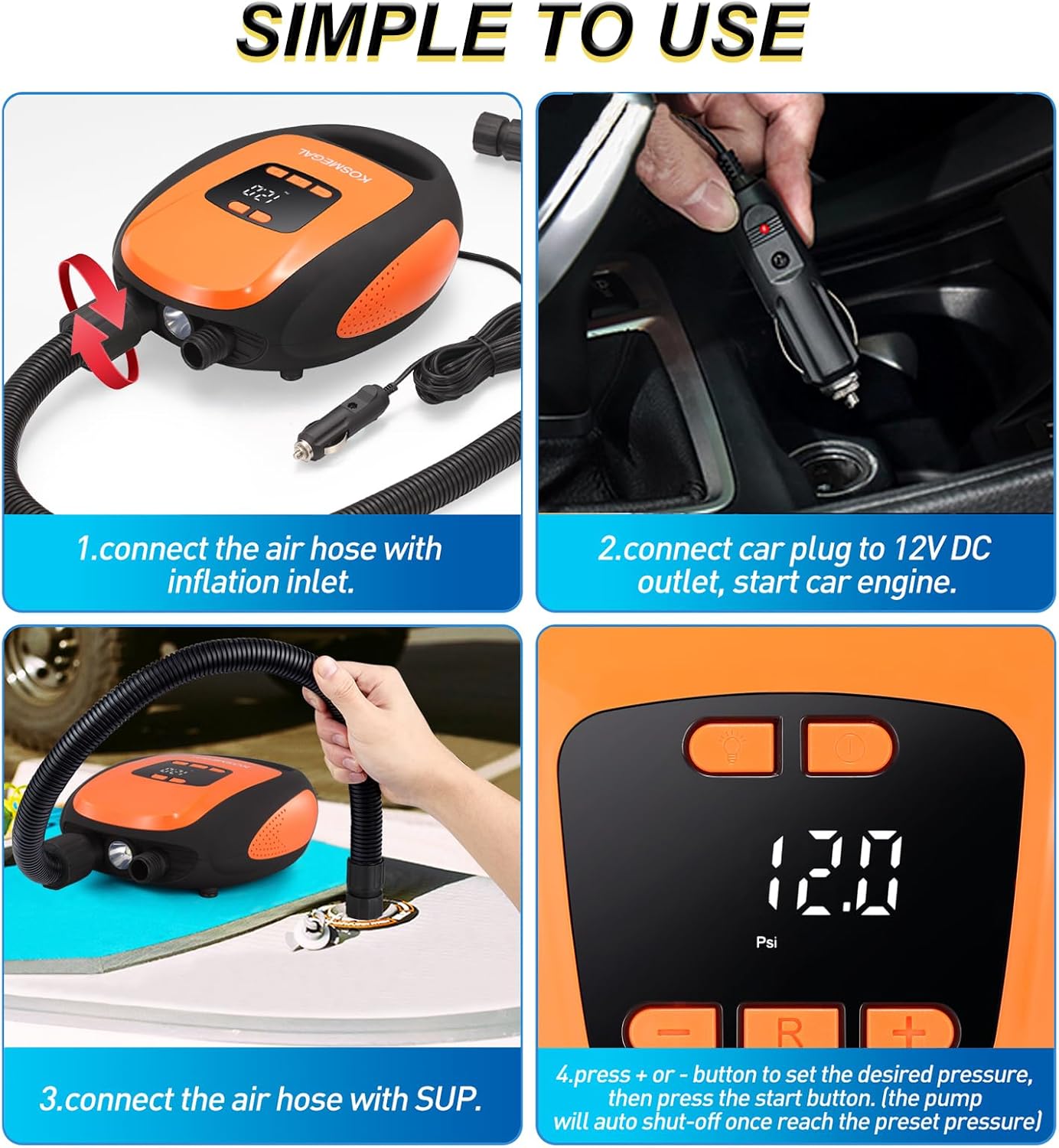 Thumbnail 6 de kosmegal Electric Portable Paddle Board Pump (20PSI) for SUP, Inflatables & More