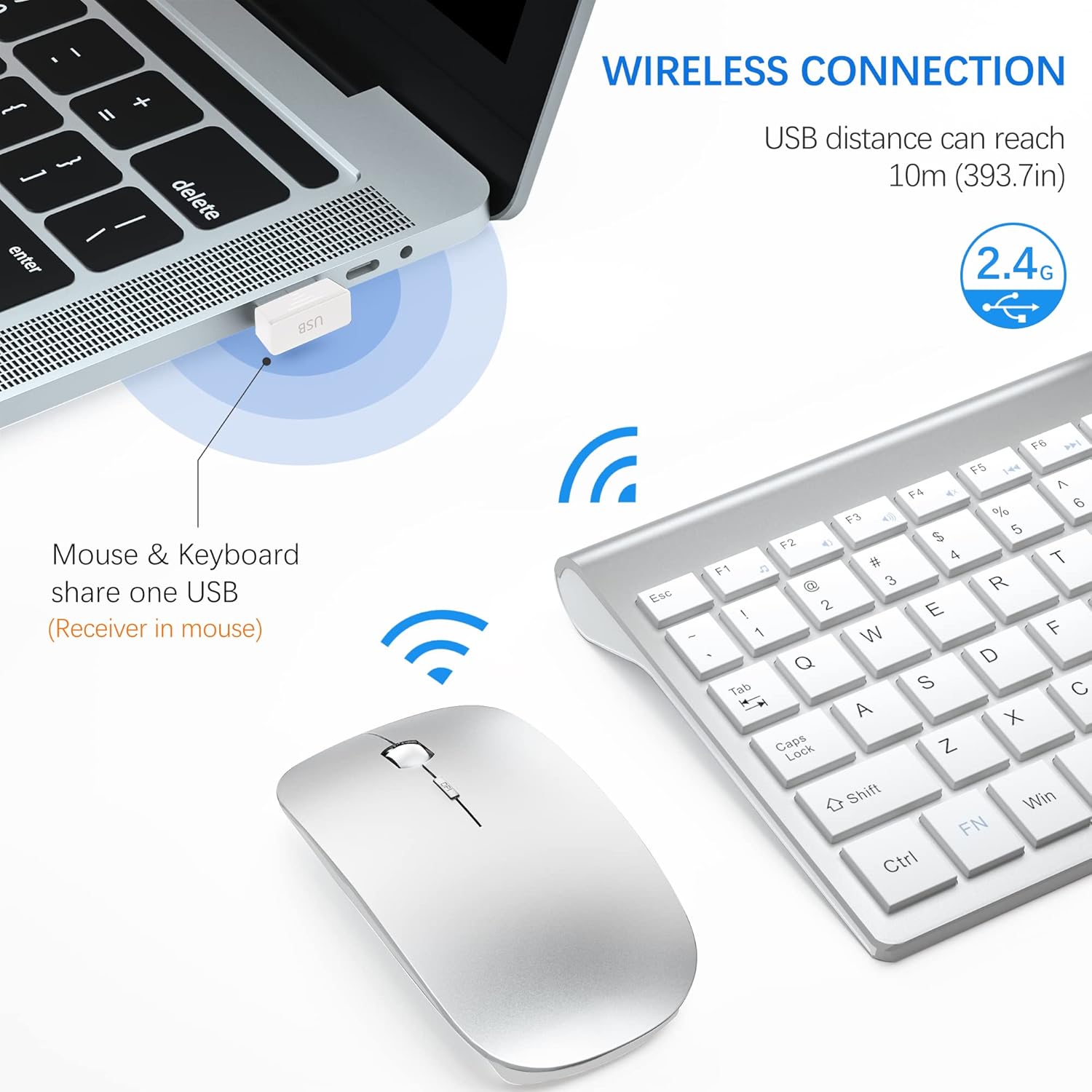 Thumbnail 2 de TopMate 2.4G Wireless Keyboard and Mouse Ultra Slim Combo (USB, silent keys, 2400DPI) – Silver White