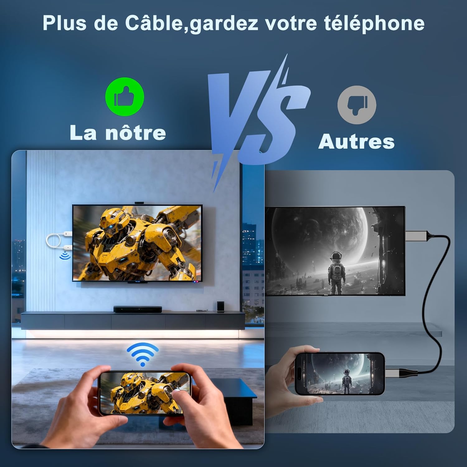 Detalle de FEINODI Récepteur miroir HDMI sans fil compatible Miracast et AirPlay pour iPhone, iPad, Android, PC/TV