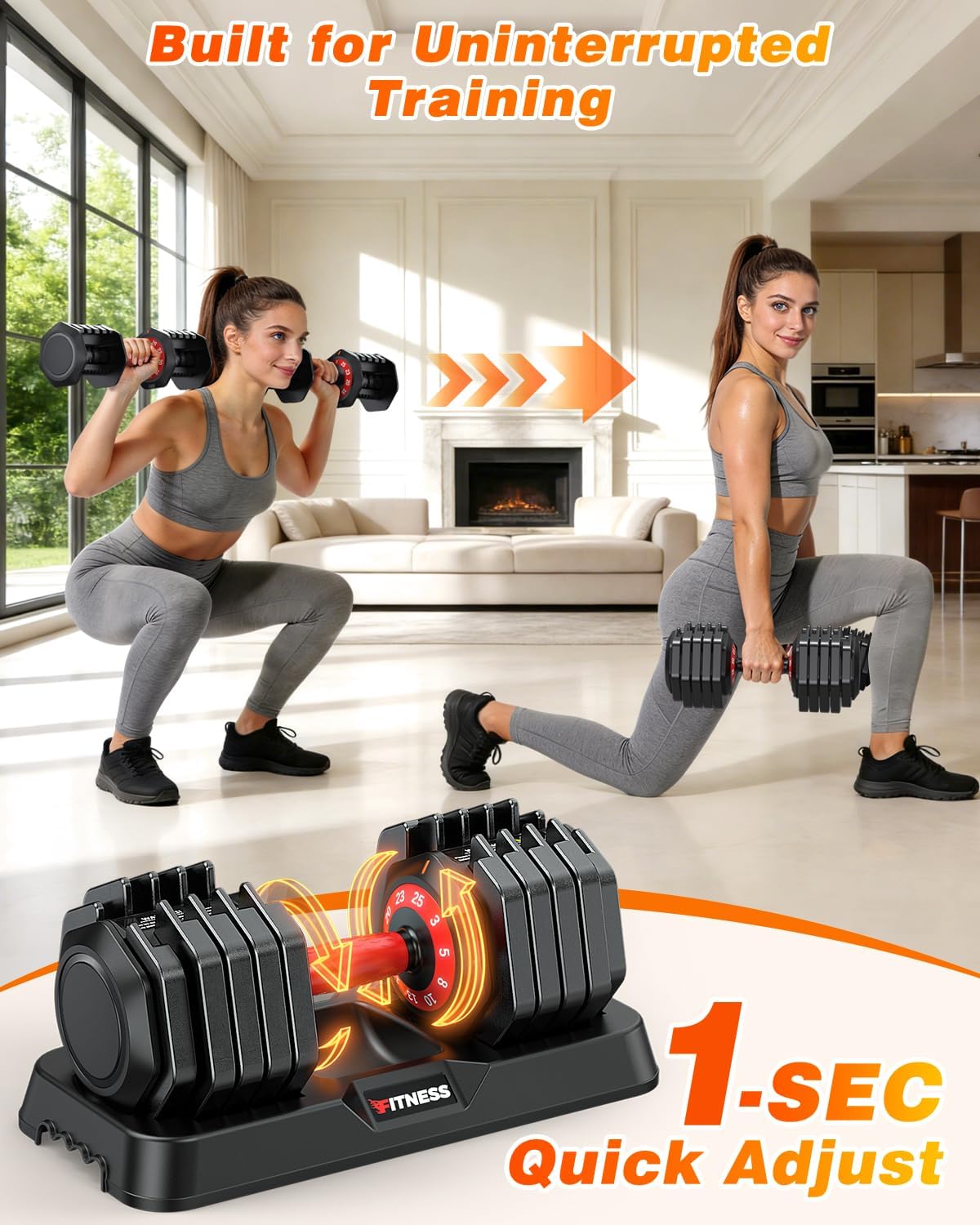 Detalle de XDDIAS Adjustable Dumbbell Set of 2, 3–25 lb Each, 10 Weight Levels