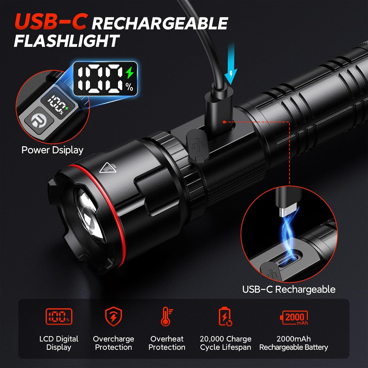 Detalle de RECHOO Rechargeable Flashlights 2 Pack: Super Bright LED Torches with LCD Display