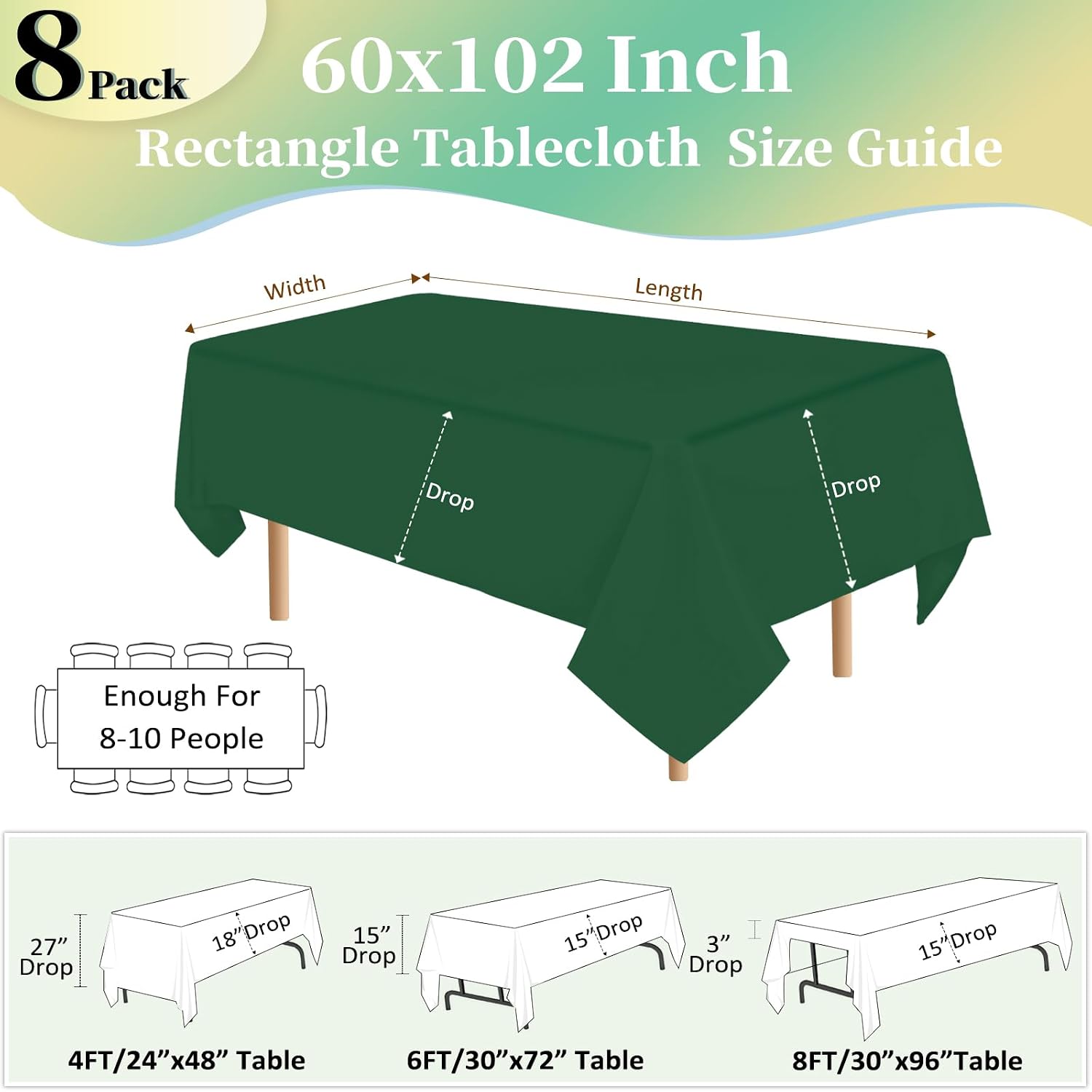 Detalle 2 de pepmily 8-Pack Dark Green Tablecloths (60x102 Inch) for 6-Foot Rectangle Tables