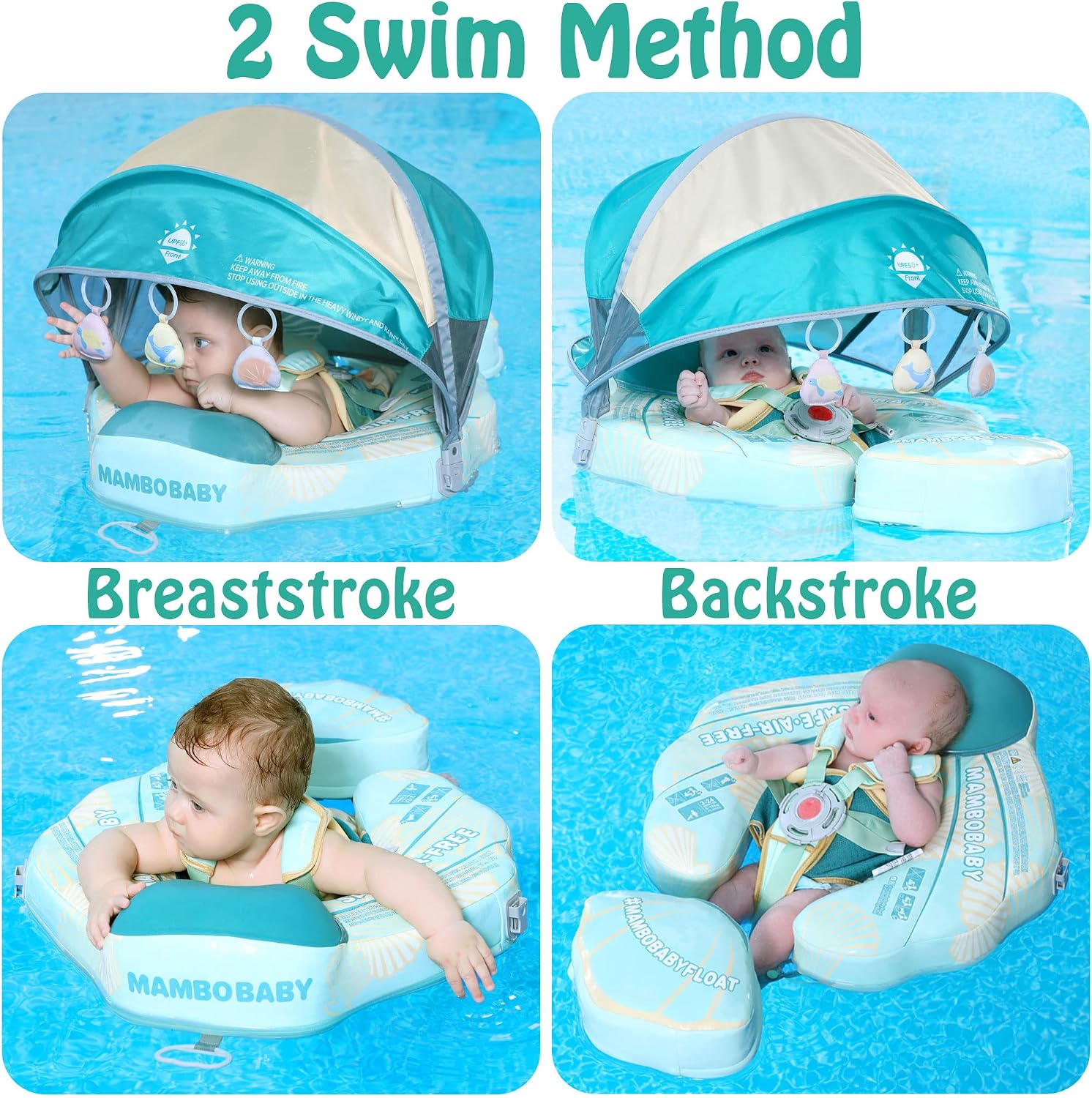 Detalle 2 de Mambobaby Float Add Tail Baby Swim Float with Canopy (Solid Pool Infant Trainer, Non-Inflatable Waist Ring) — Shell Green