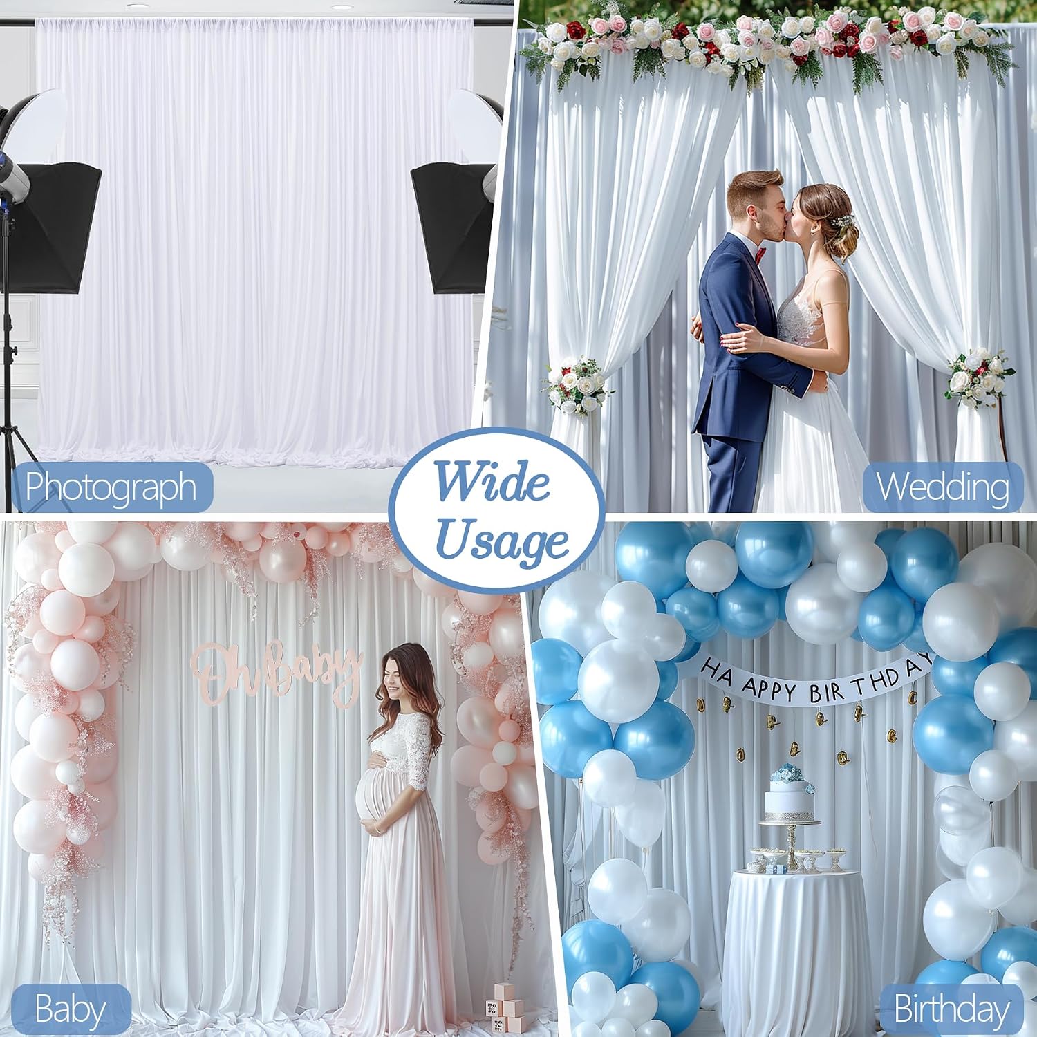 Detalle de 30x10ft Wrinkle Free White Backdrop Curtain – 10x10ft 2-Panel Set for Events and Photography
