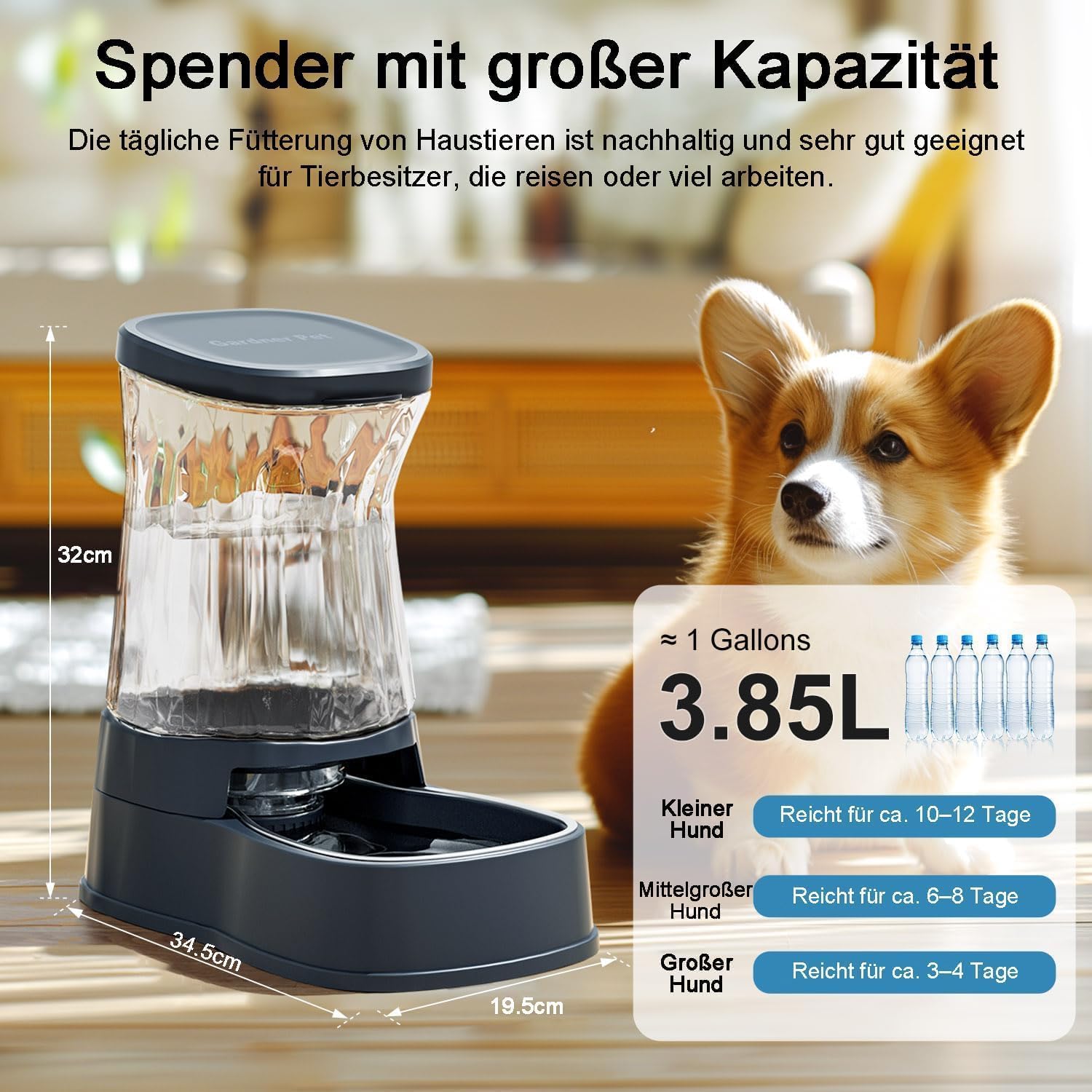 Thumbnail 1 de Gardner Pet Futterautomat für Katzen: 3,85-l-Wasserspender mit Edelstahlschüssel, ohne Strom (BPA-frei, grau)