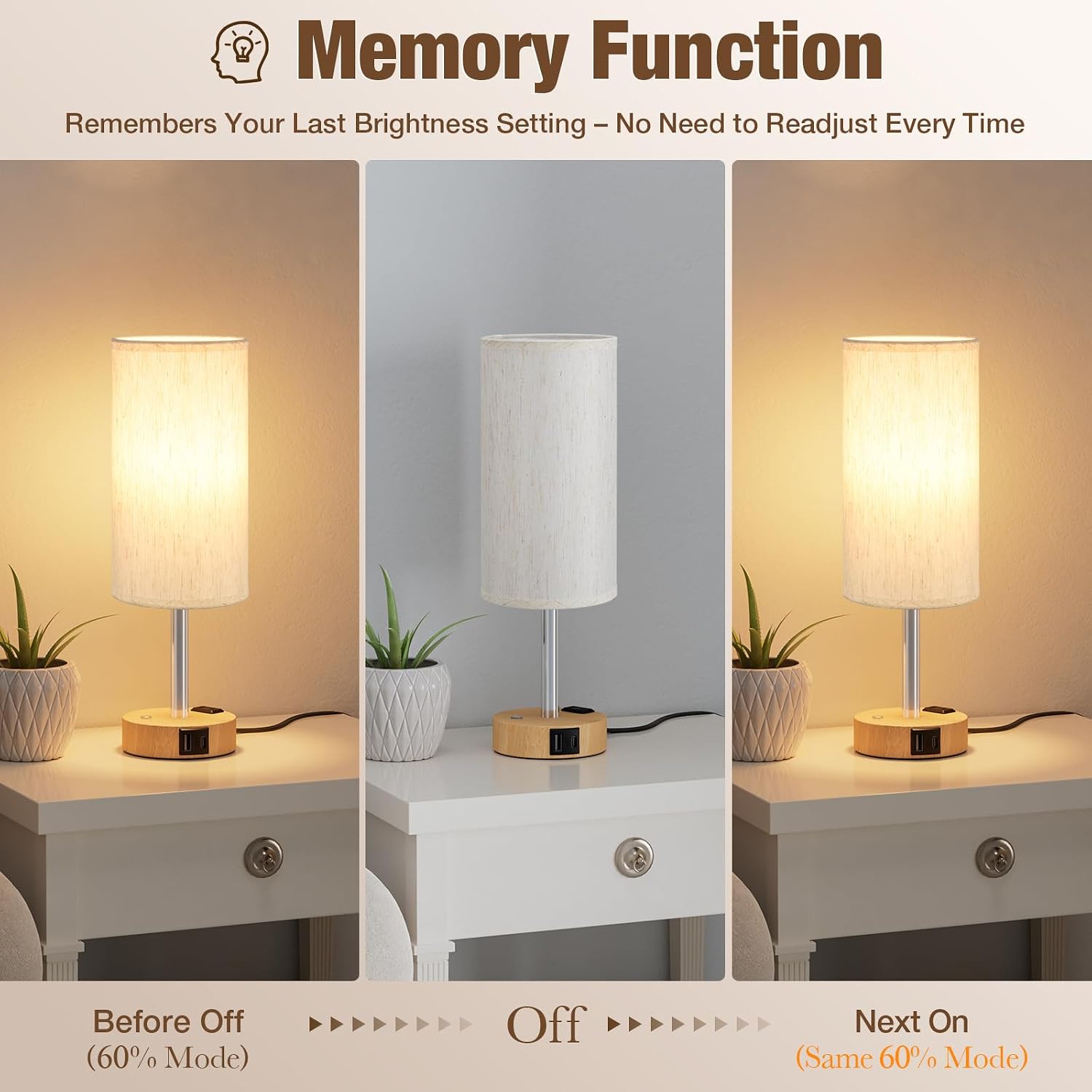 Detalle de Touch Bedside Table Lamp with Wood-Grain Base