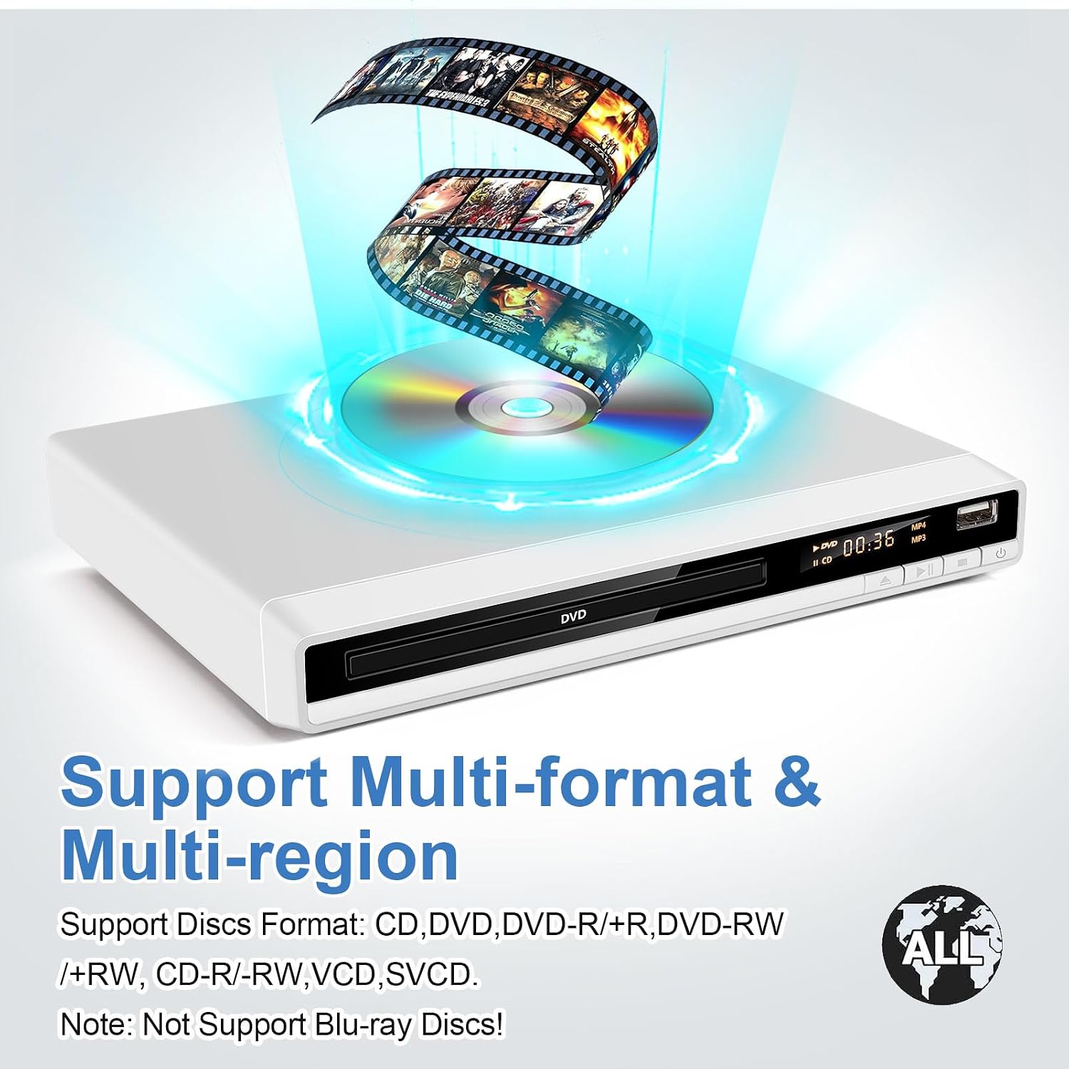 Detalle 2 de Region‑free DVD Player for TV 1080p HD