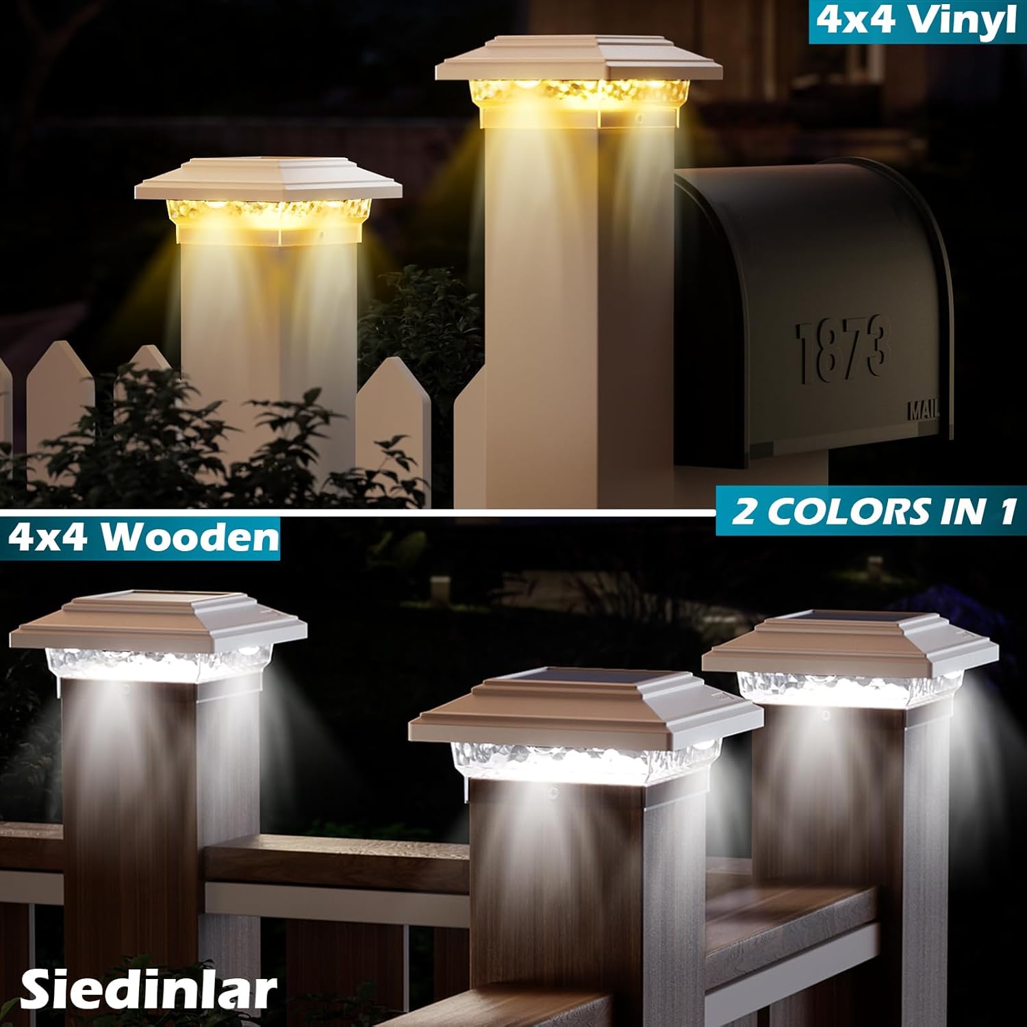 Thumbnail 3 de Siedinlar Solar Post Lights Outdoor IP44 (2 Colour Modes) – 2 Pack for 4x4 Fence, Deck, Patio
