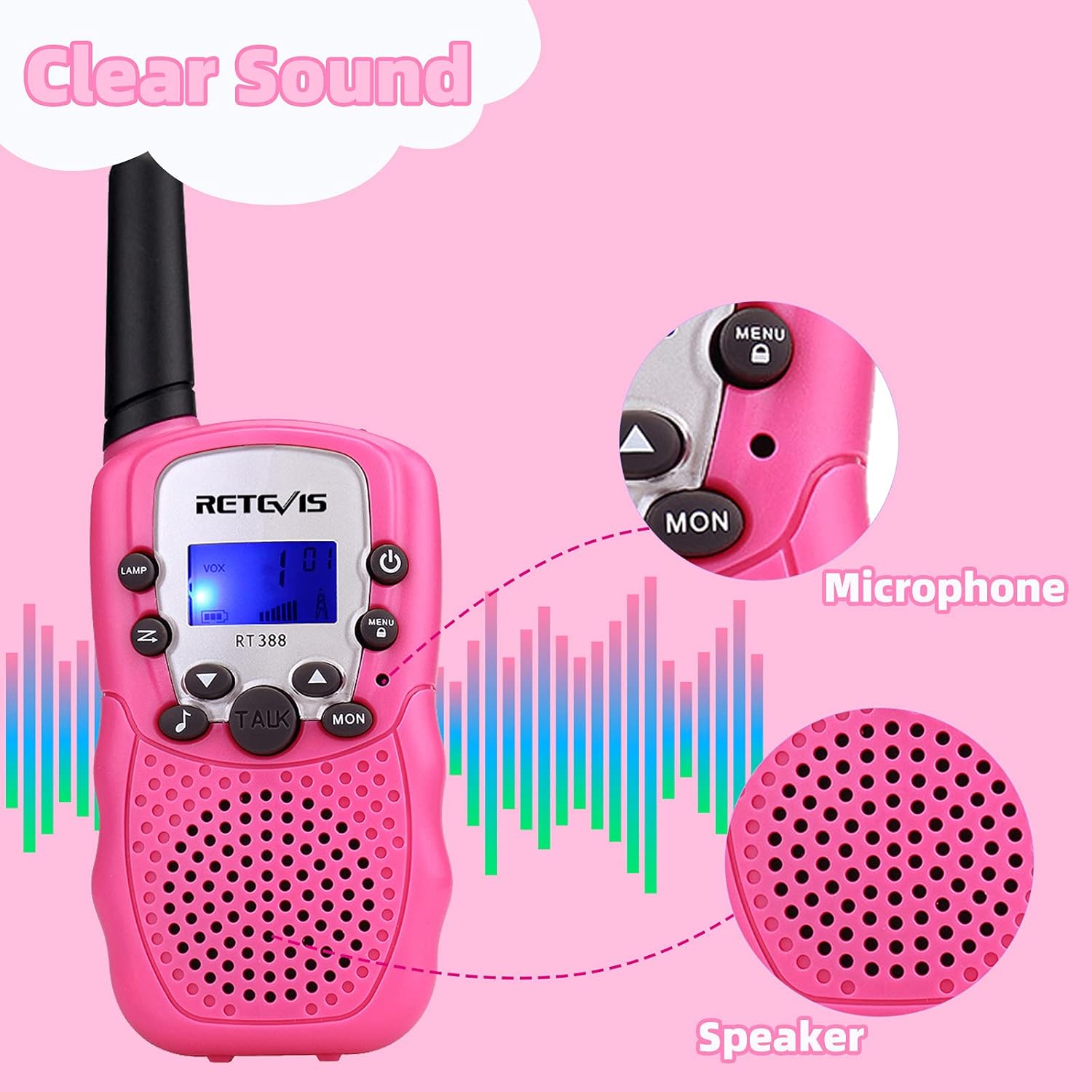 Detalle de Retevis RT388 talkie-walkie enfants (rose) – portée longue, 8 canaux et 99 codes de confidentialité