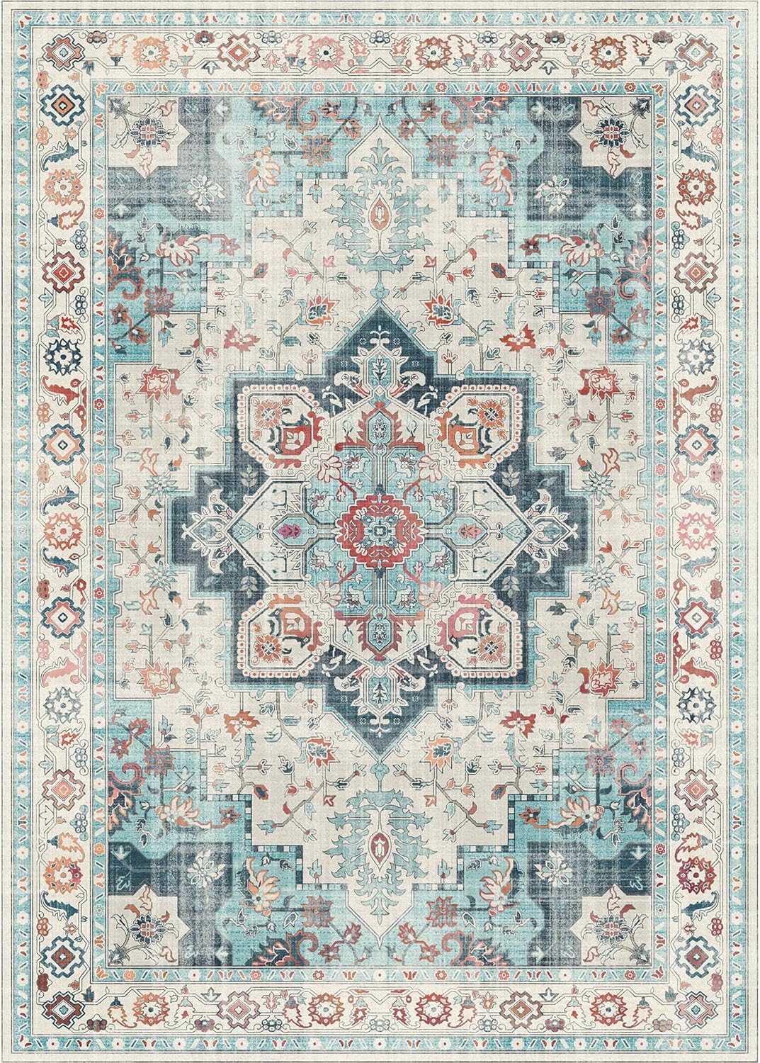 Detalle 2 de GENIMO 8x10 Turquoise & White Area Rug — Non-Slip, Machine Washable, Low-Pile Vintage Print for Living Room