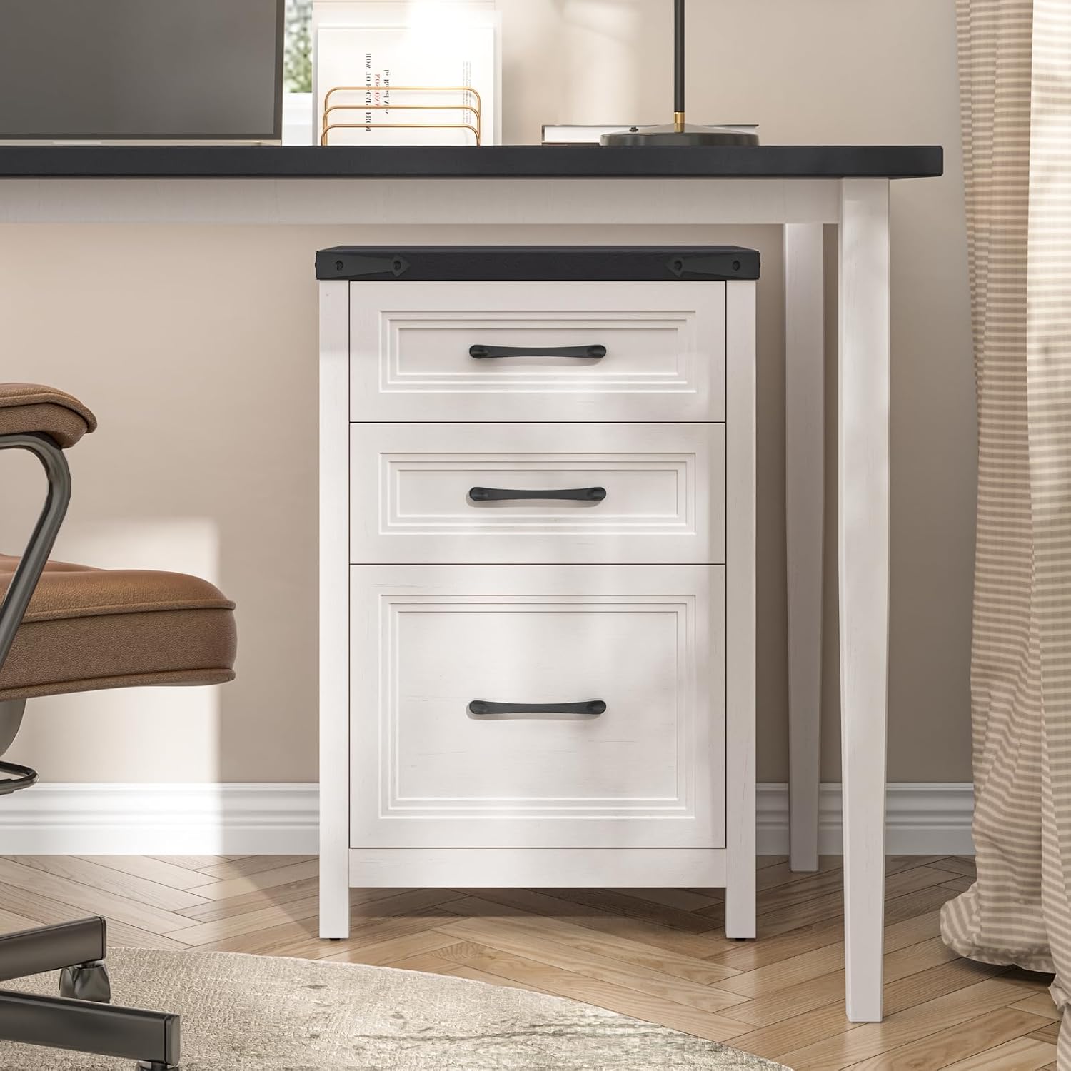 Detalle de Vabches DA0882HB01A 3-Drawer File Cabinet, White and Black Farmhouse Style