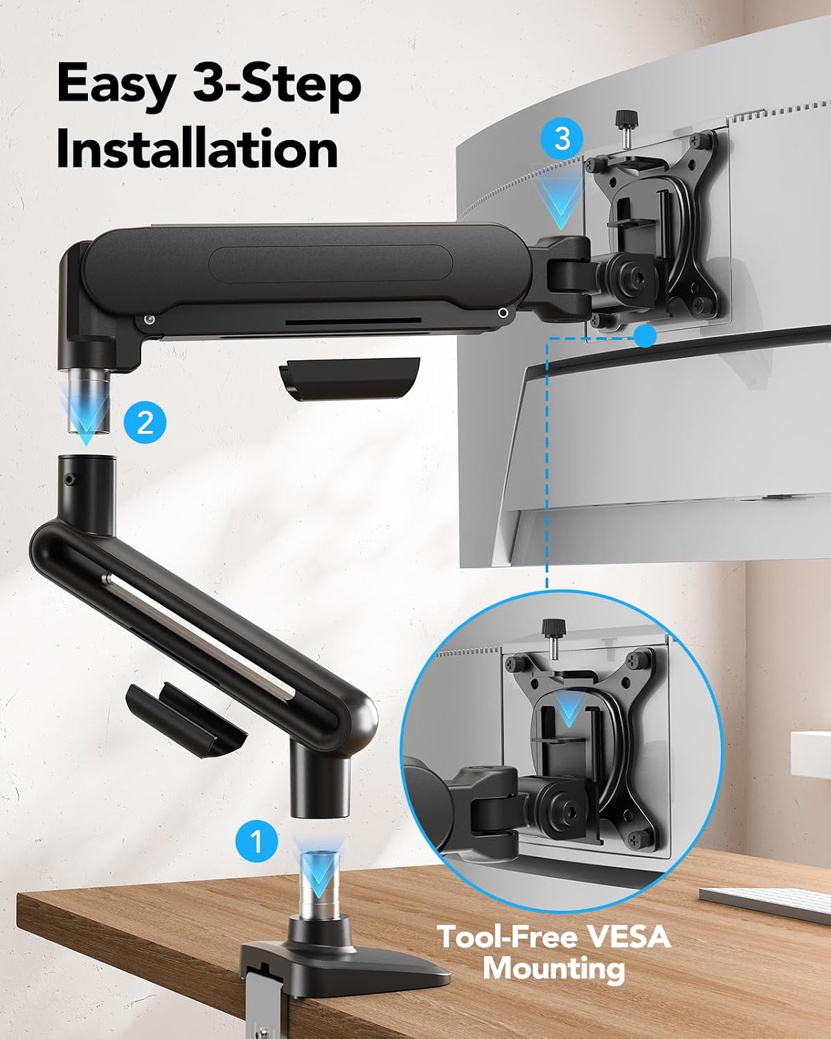 Thumbnail 2 de HUANUO Ultrawide Monitor Arm for 13"–40" Screens (NITROGLIDE, 12kg) with C-Clamp or Grommet Base