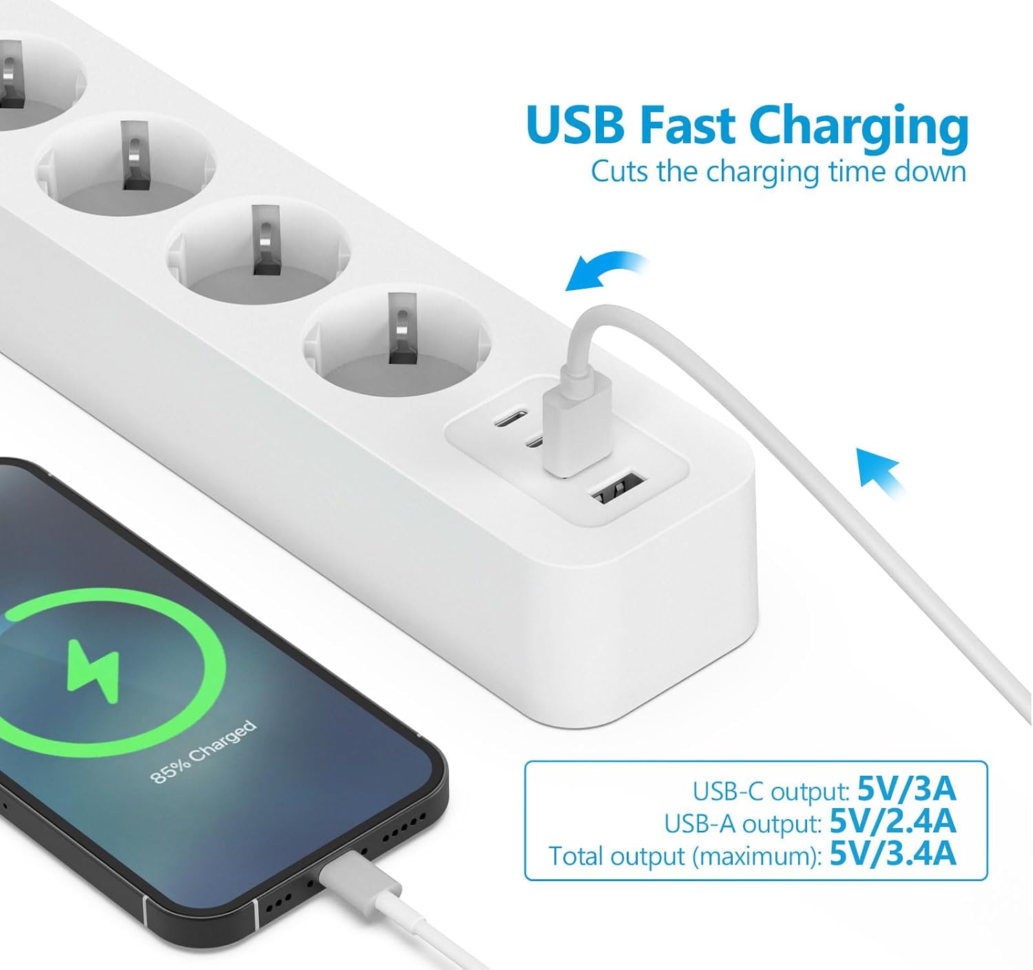 Thumbnail 4 de JSVER Multiprise USB C, 4 prises AC et 4 ports USB (2 USB-A + 2 USB-C) – 3680W, protection s/oversurge et interrupteur, câble 2m