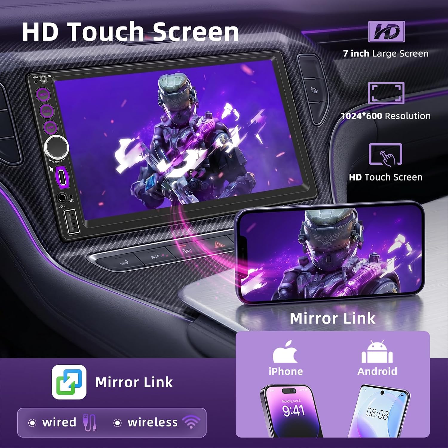 Thumbnail 2 de Autoradio 2 DIN con CarPlay Wireless e Android Auto, schermo touch 7'', telecamera posteriore e mirror link