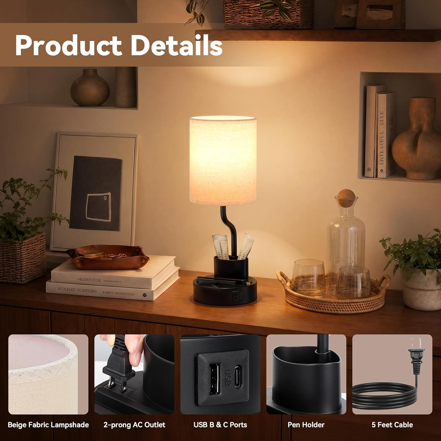 Thumbnail 6 de Fenmzee Lamps 23 Table Lamp Set of 2 with USB-A/C, Outlets & 3 Color Temps