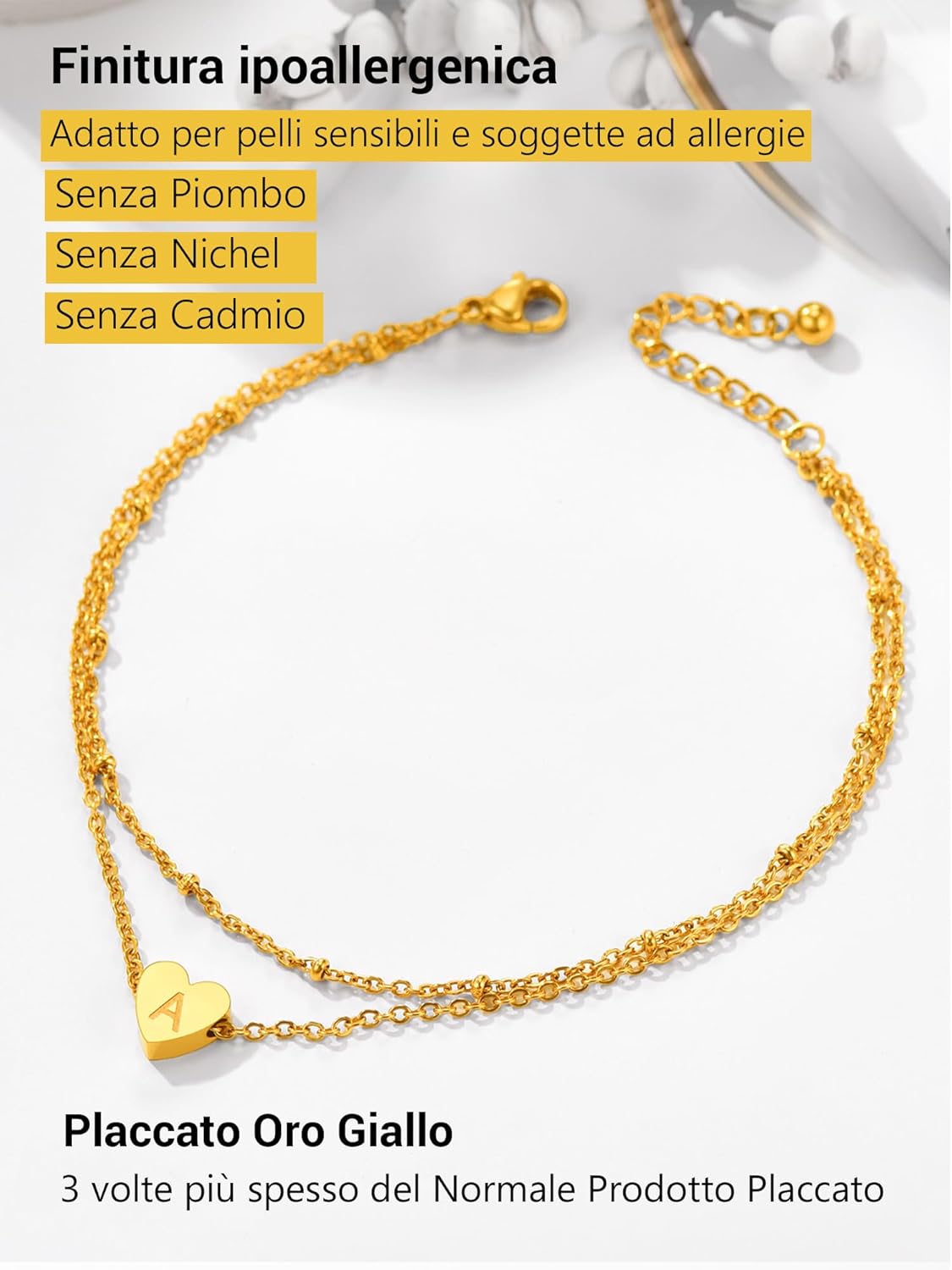 Thumbnail 3 de Cavigliera donna PROSTEEL a doppia catena con pendente cuore e iniziali A–Z in acciaio 316L placcato oro