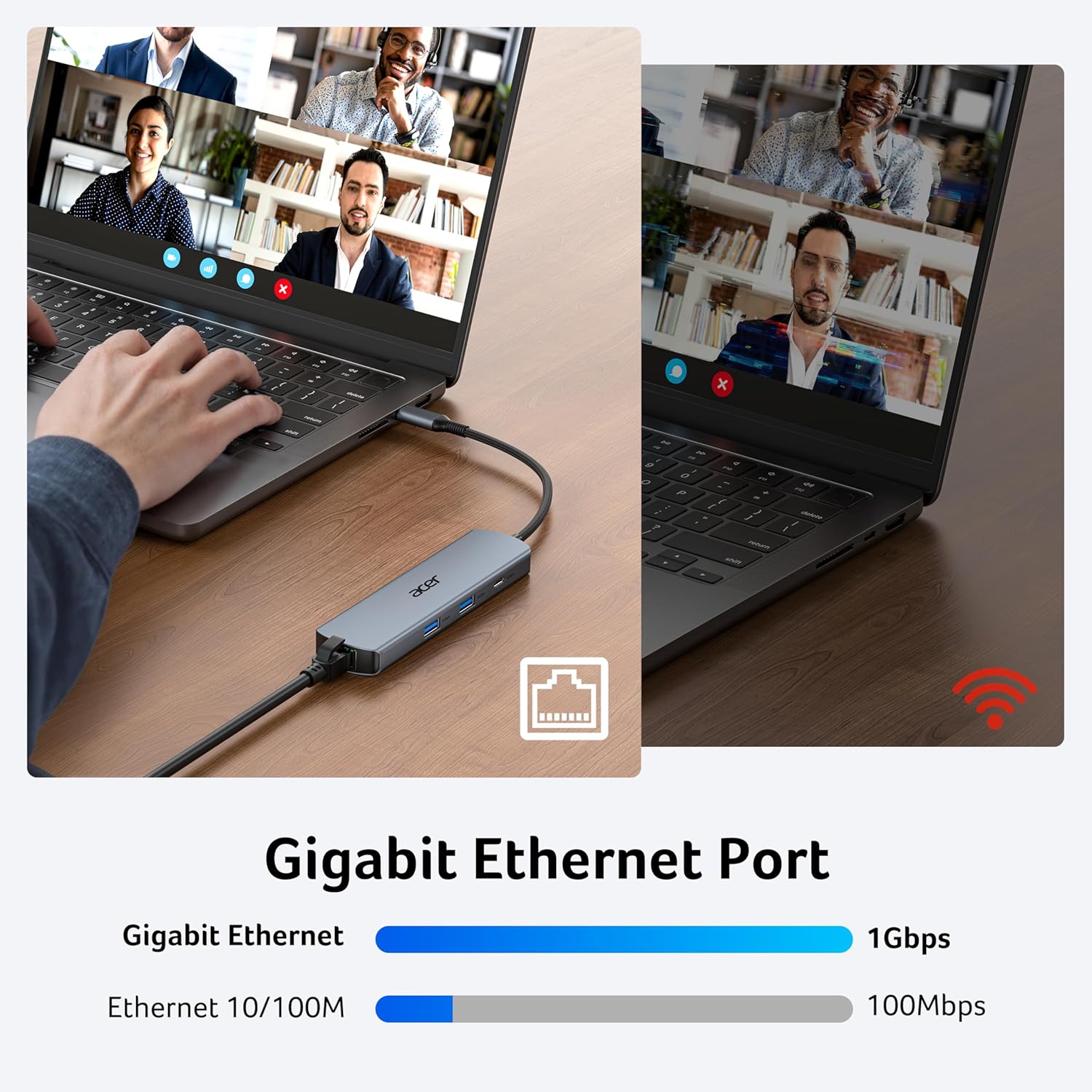 Detalle de Acer USB-C Hub 6-In-1: 1Gb Ethernet, 4K@60 HDMI, 2x USB-A, USB-C 5Gbps, 100W PD
