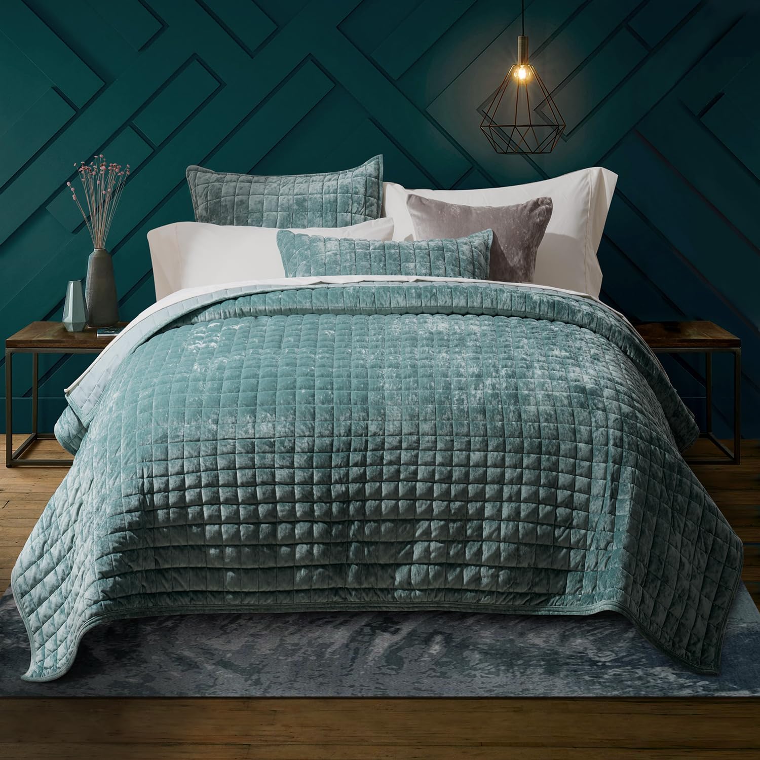Detalle de RECYCO Luxury Velvet Quilt Set Full Queen Size – Aqua Green