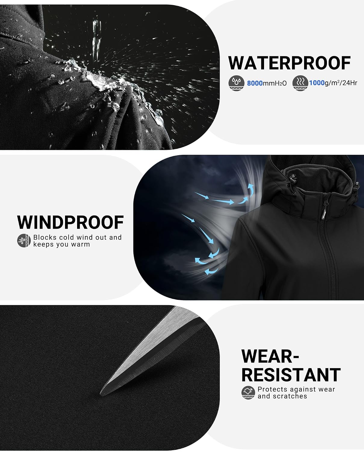 Detalle de Outdoor Ventures Damen Softshell-Langjacke mit Kapuze, fleecegefüttert und winddicht – wasserdichte Windjacke