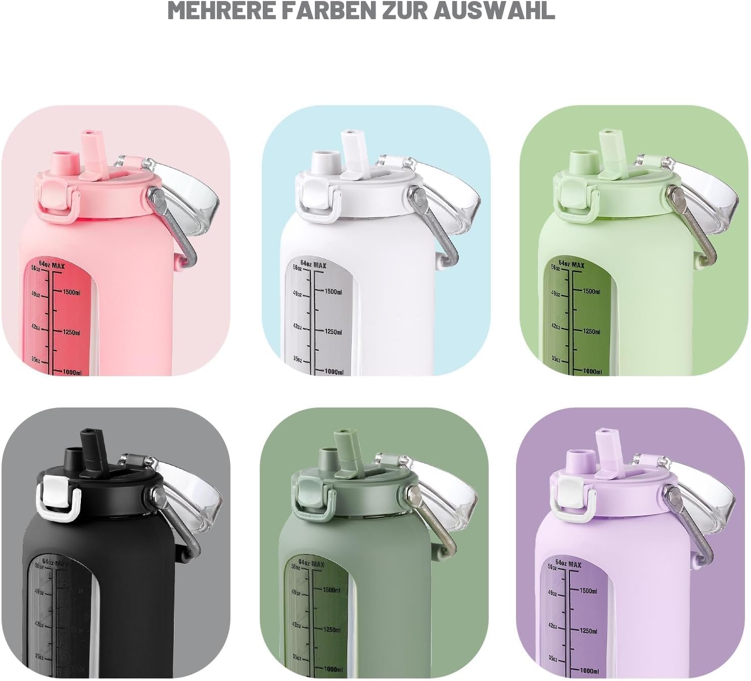Thumbnail 6 de BLUEGO 2000ml Glaswasserflasche mit Edelstahlgriff, Zeitmarkierung und Silikonhülle – BPA-frei, Rosa