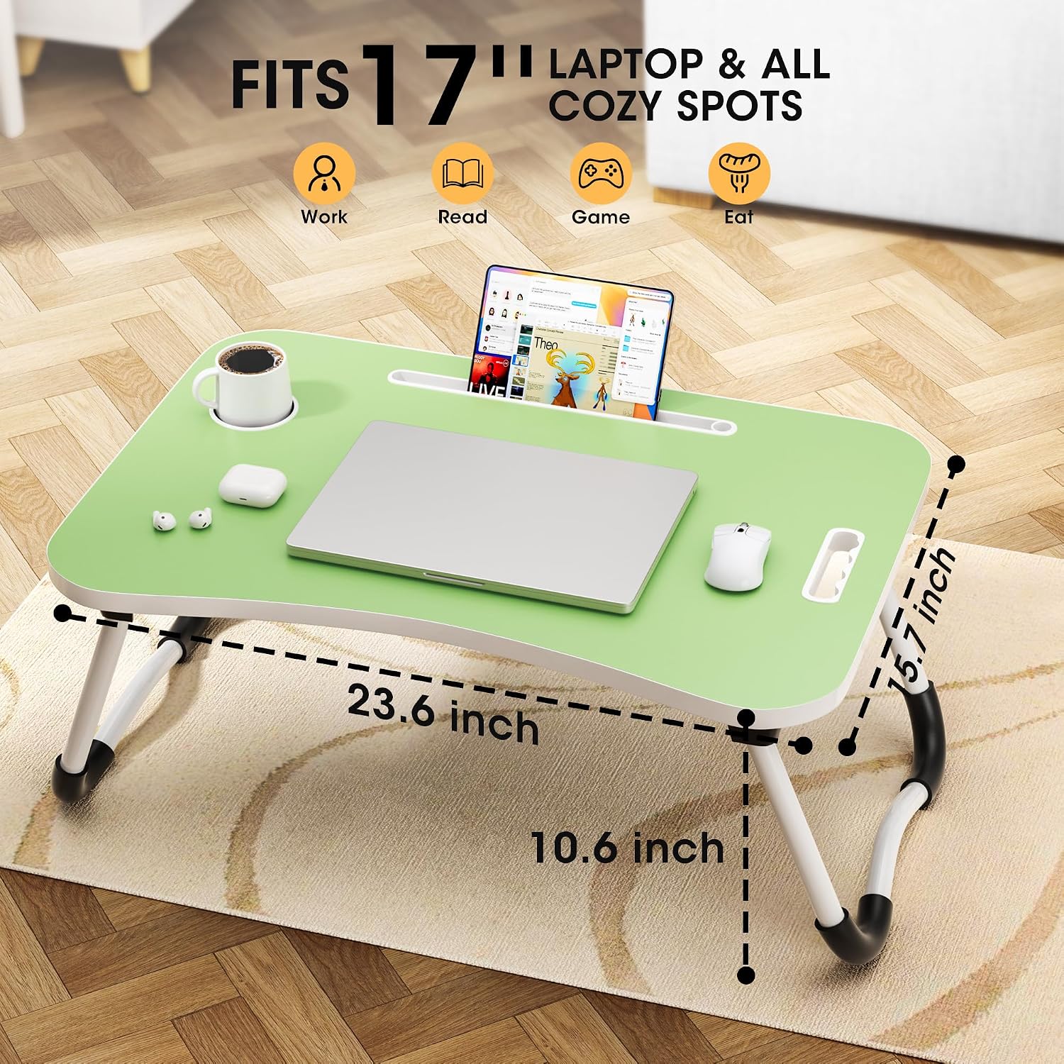 Detalle 2 de Frpufi LD004 Folding Lap Desk, 23.6-Inch Wood Table with Cup Holder