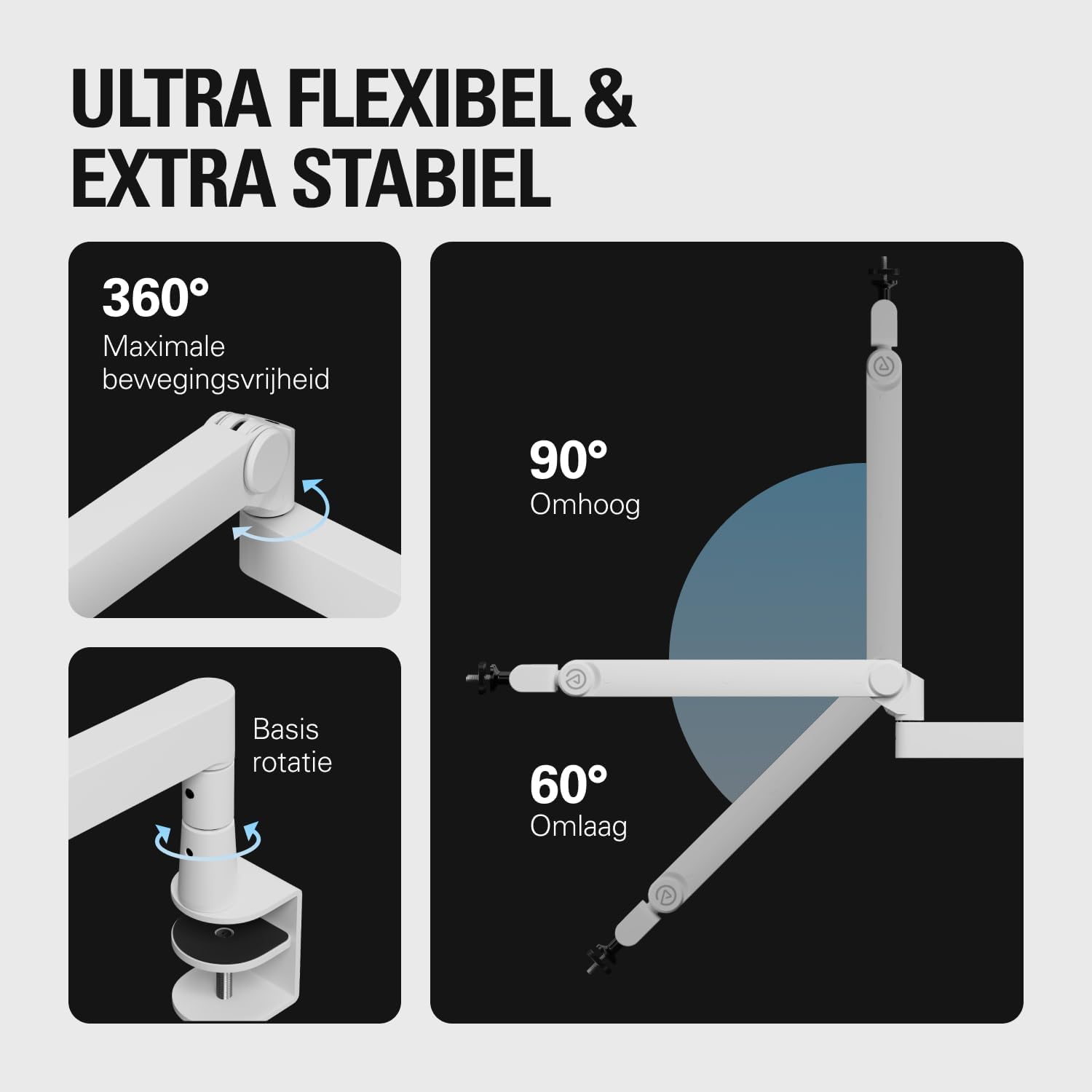 Detalle de Elgato Wave Mic Arm Pro White microfoonarm met gasveer en 360 graden draaibereik