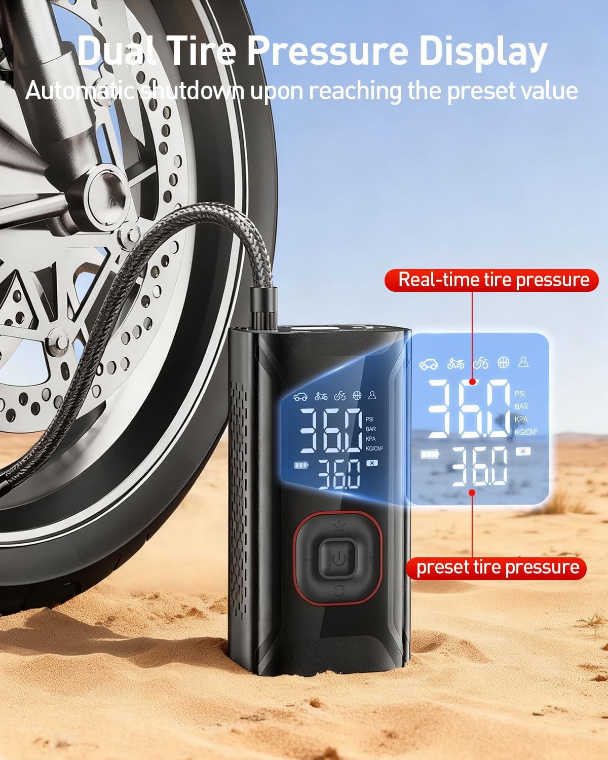 Thumbnail 3 de Tyre Inflator Air Compressor: Portable Cordless 150 PSI with Preset Gauge