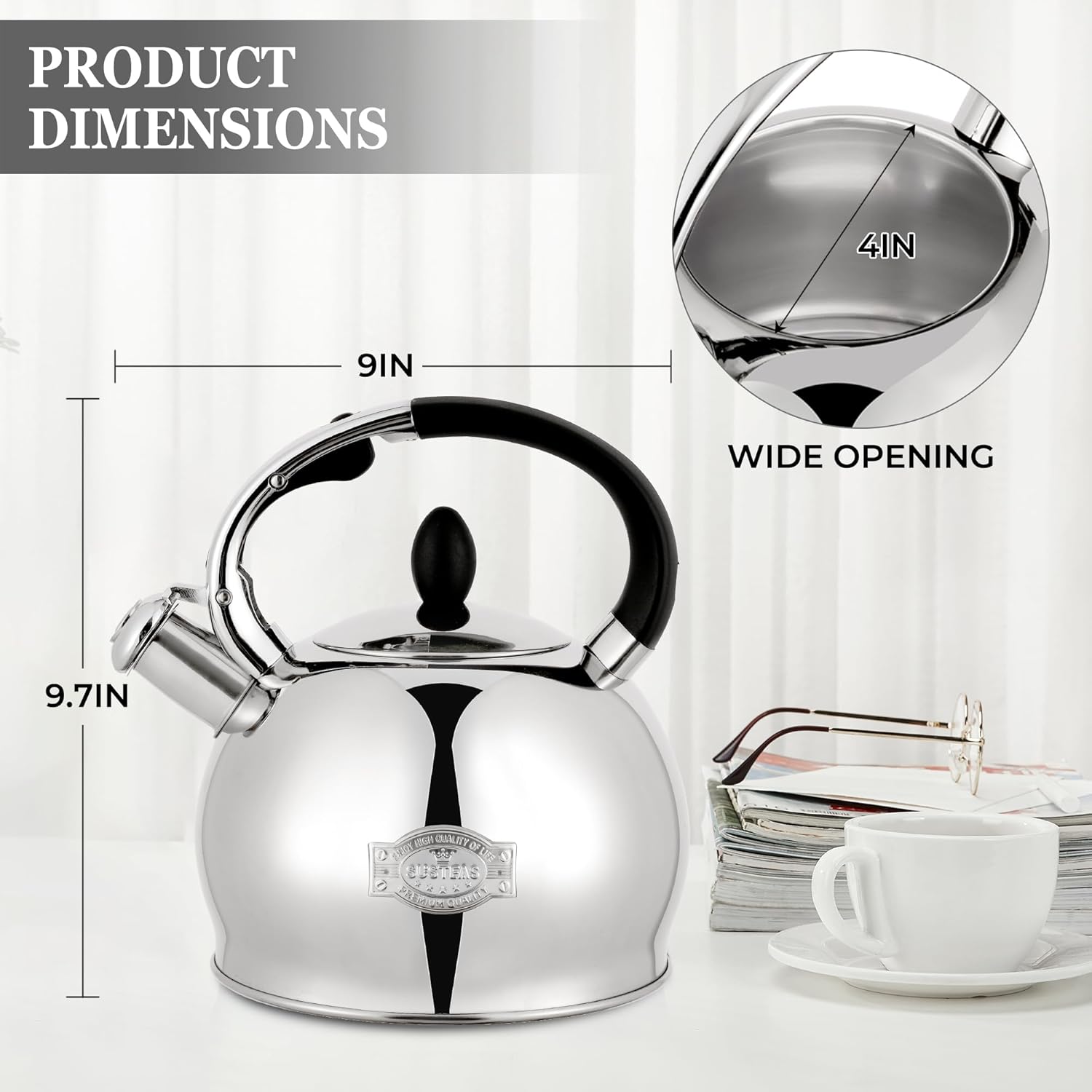 Detalle 2 de SUSTEAS Stove Top Whistling Tea Kettle — 2.64 Qt, Food Grade Stainless Steel with Cool-Touch Handle