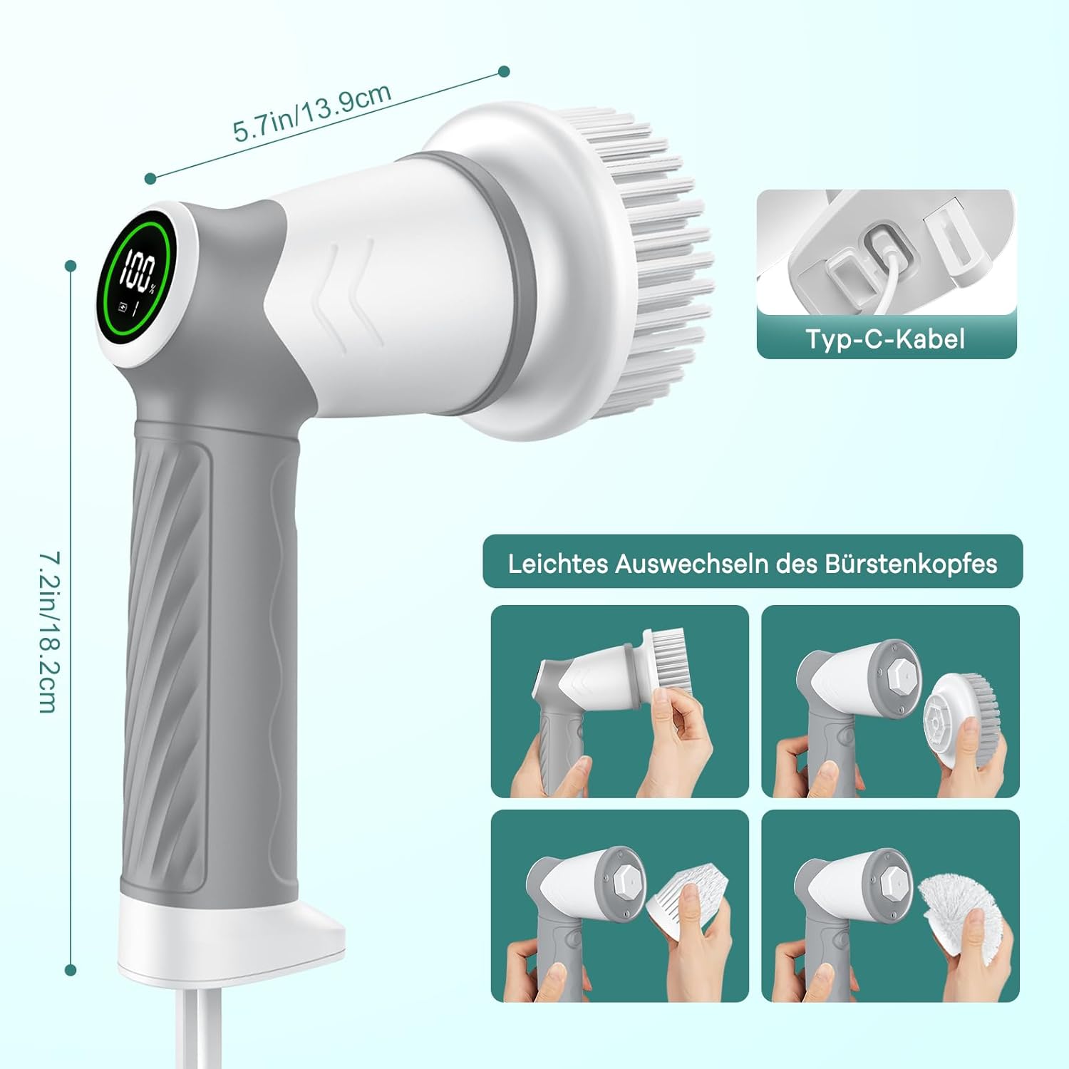 Thumbnail 4 de Kabellose elektrische Reinigungsbürste mit Power Spin Scrubber und 7 Bürstenköpfen (2 Geschwindigkeiten, USB-C)