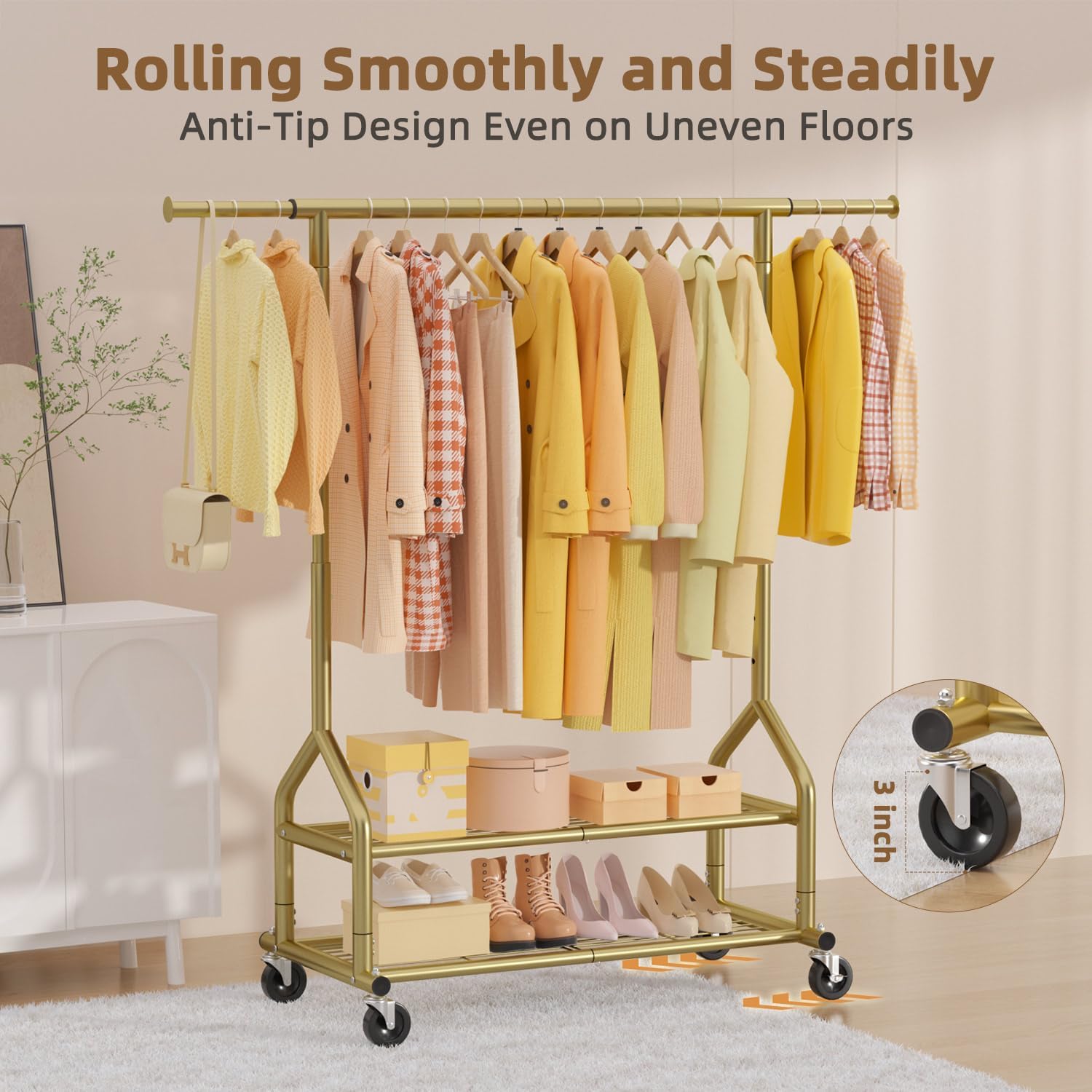 Detalle de EAGMAK UKGRP070 Heavy-Duty Clothes Rack, Gold, Adjustable Rod and 2 Shelves
