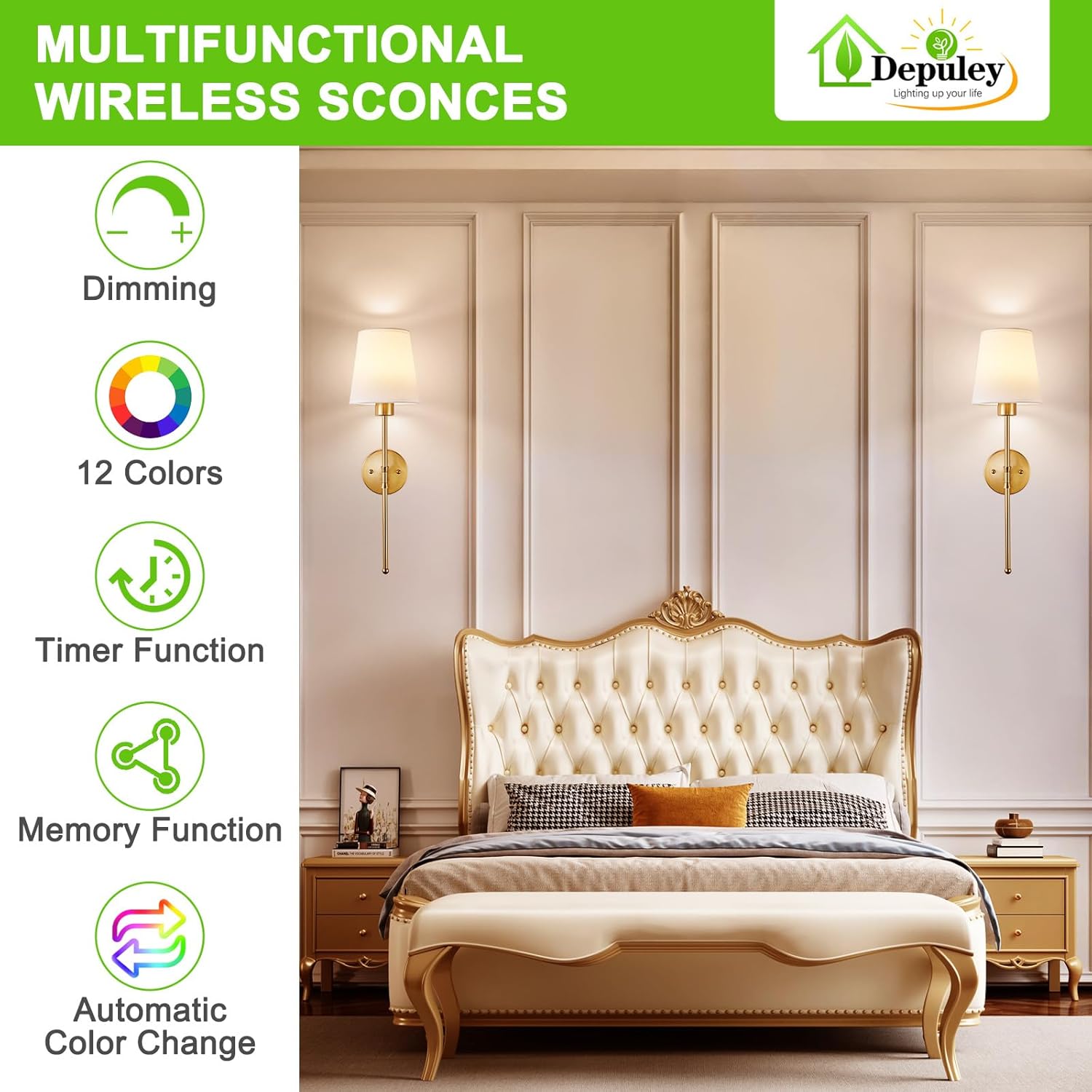 Detalle de Depuley Battery Operated Wall Sconce Set of 2 with Remote | Wireless, Rechargeable 10000mAh, 12 RGB Colors, 3000K-6500K dimmable