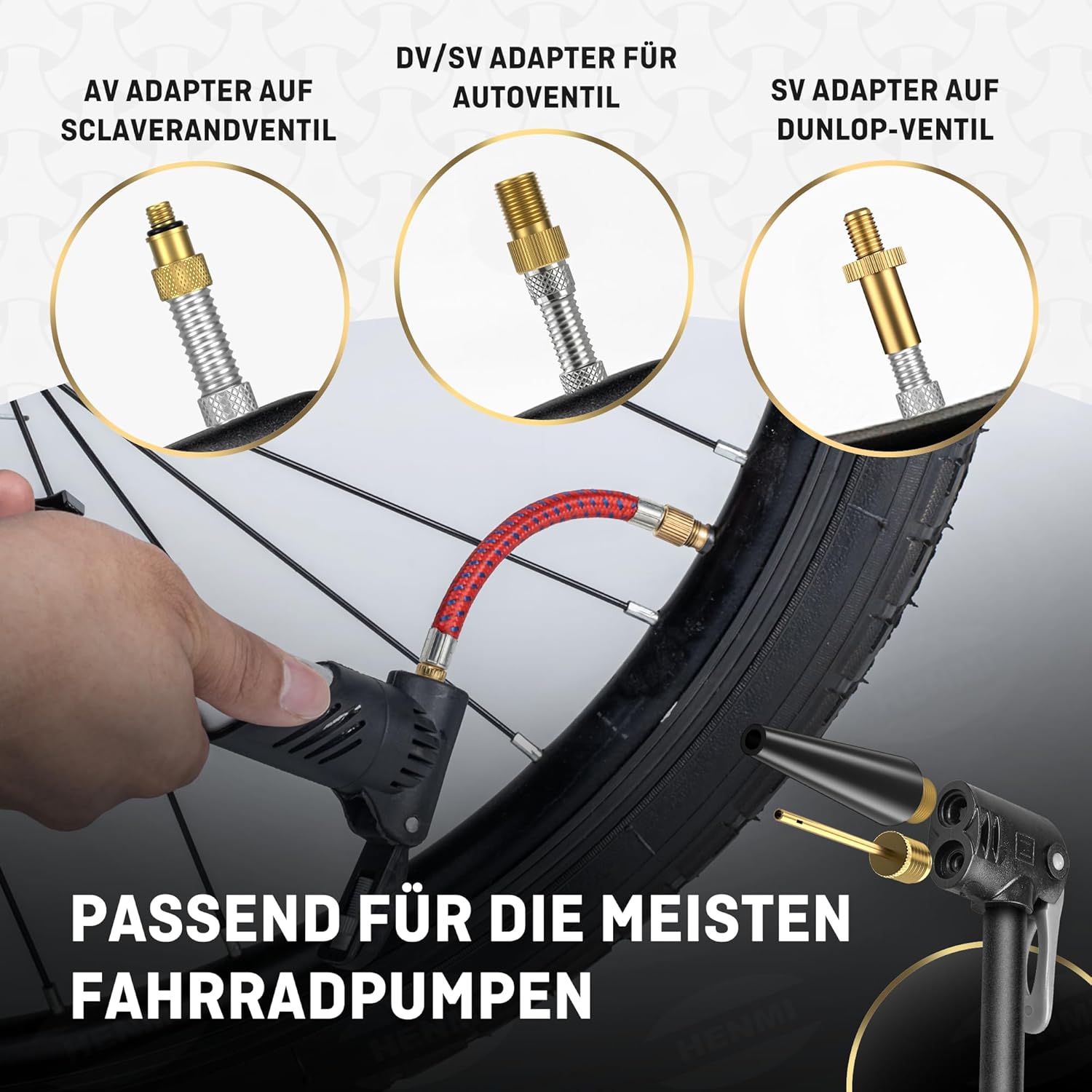 Thumbnail 5 de HENMI Fahrradventil Adapter Set – Adapter für Autoventil, französisches Ventil, Dunlop sowie Ballnadel & Luftpumpen-Adapter