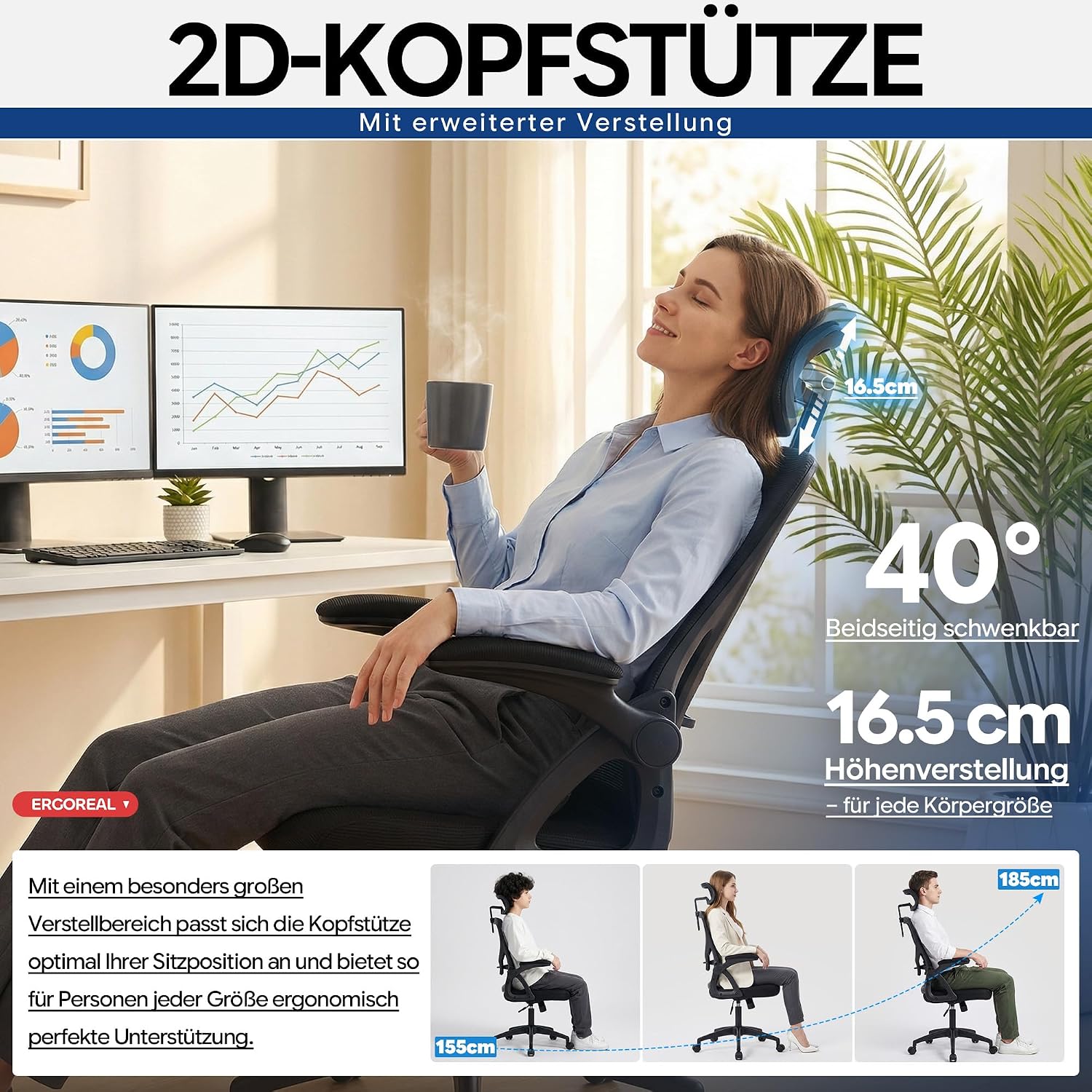 Thumbnail 1 de Ergoreal Ergonomischer Mesh-Bürostuhl für Home Office – verstellbare Lendenstütze, 2D-Kopfstütze, klappbare Armlehnen, bis 150 kg